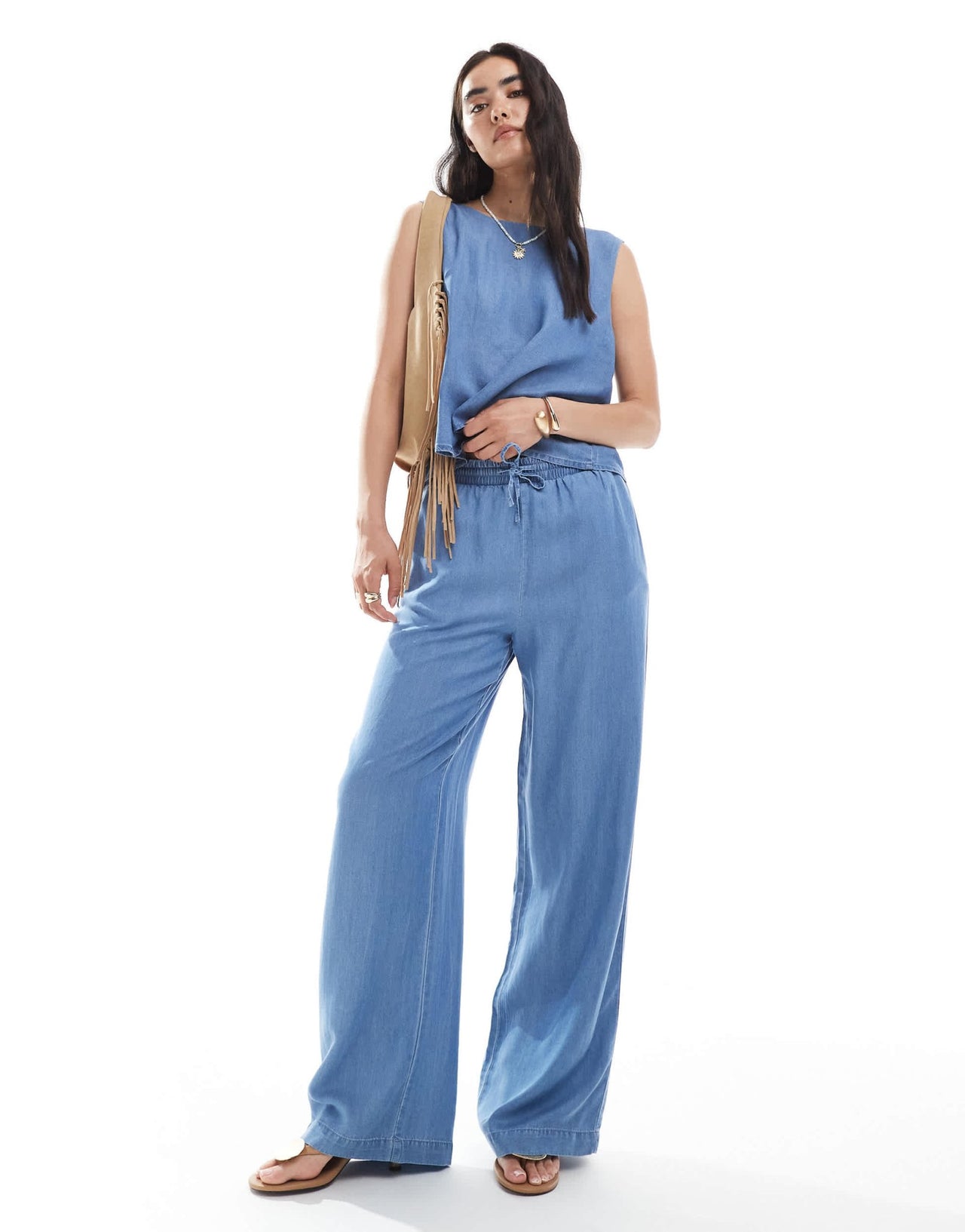 Vero Moda wide leg trousers co - ord in medium blue chambray - ASOS Sample Sale EU Store