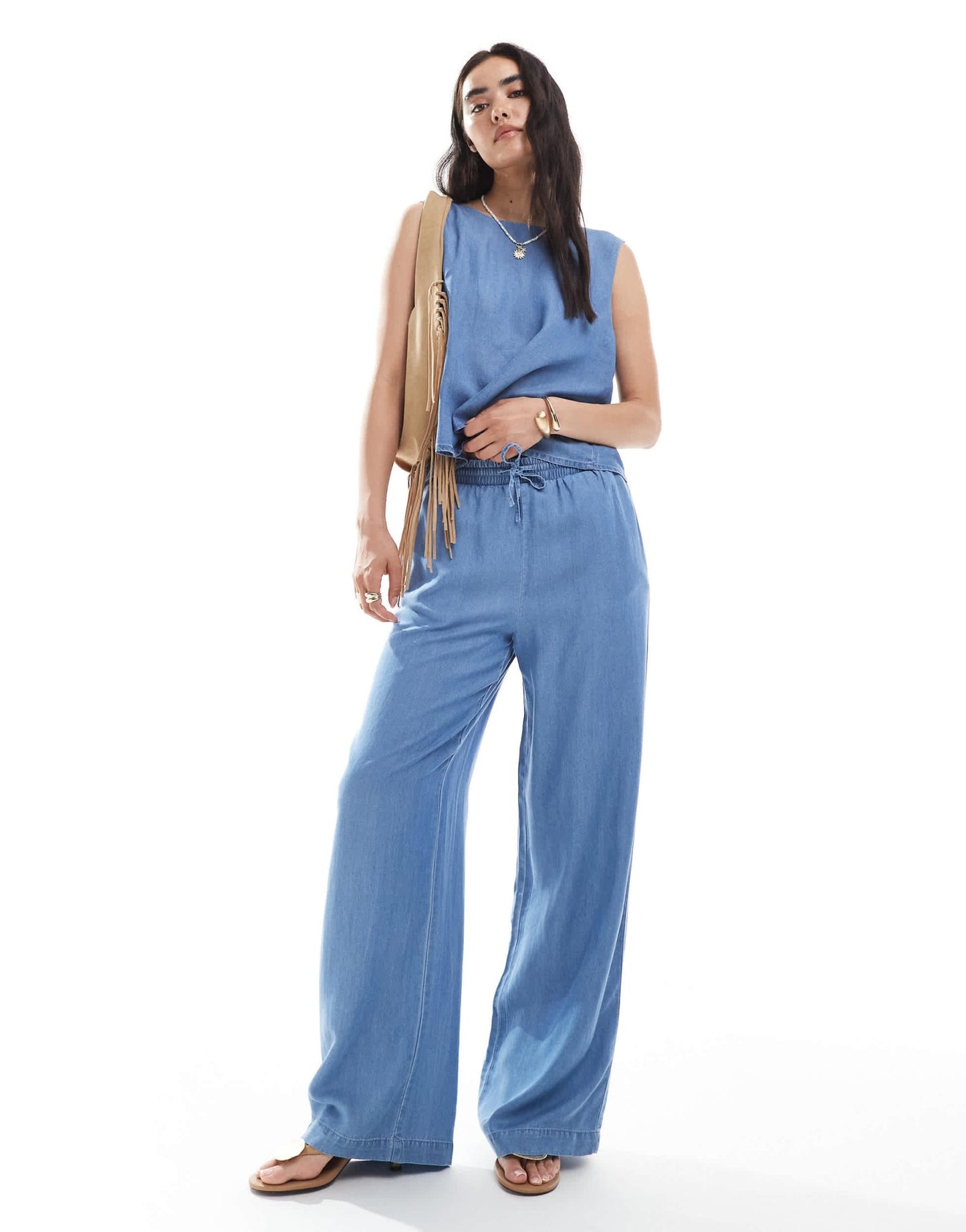 Vero Moda wide leg trousers co - ord in medium blue chambray - ASOS Sample Sale EU Store