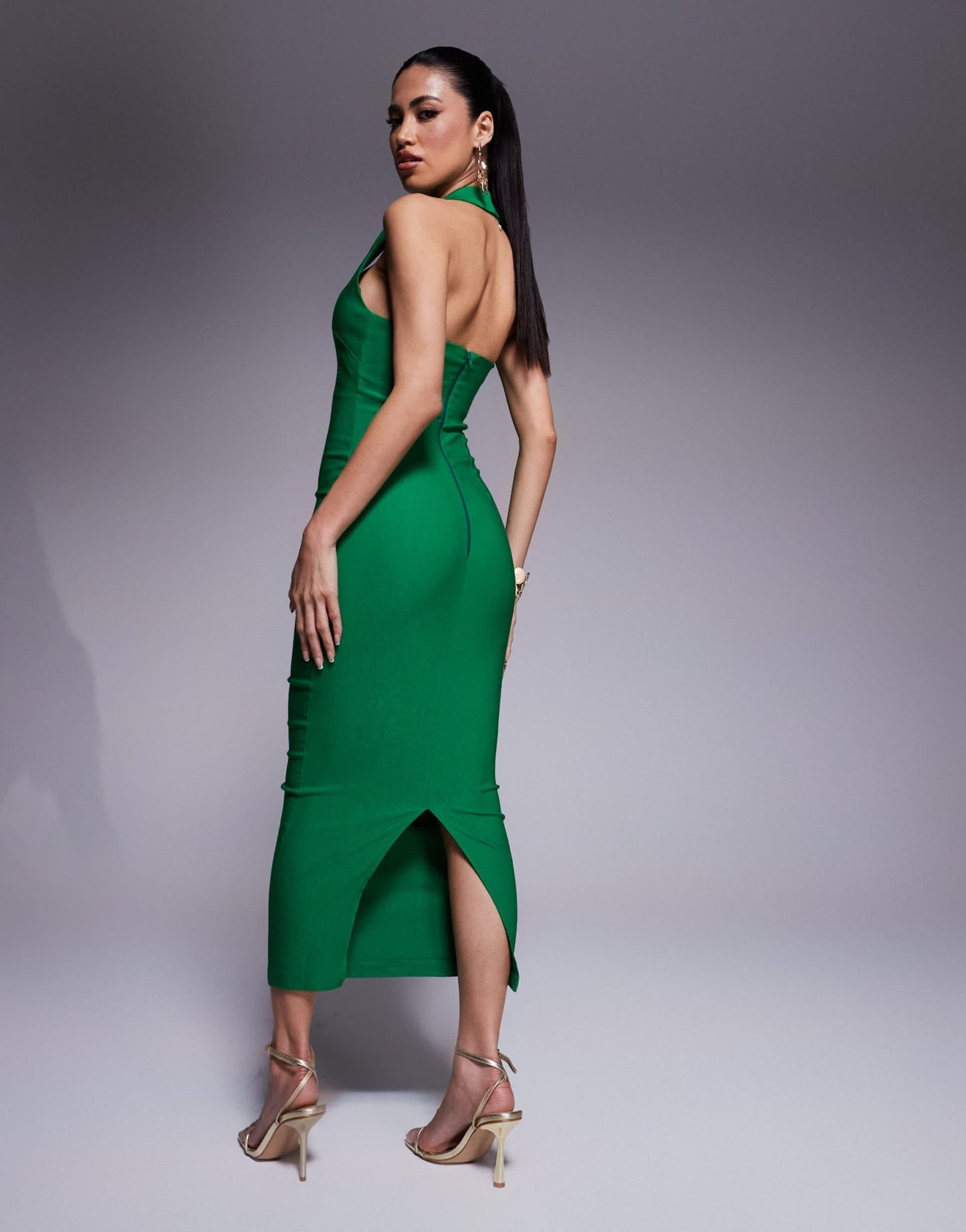 Vesper bengaline scoop neck halterneck bodycon midaxi dress in emerald green - ASOS Sample Sale EU Store