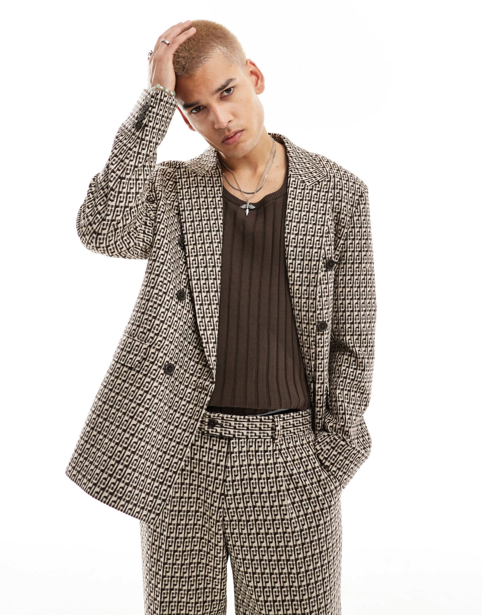 Viggo fernandes double breasted oversized checked suit jacket in tan - ASOS Sample Sale EU Store