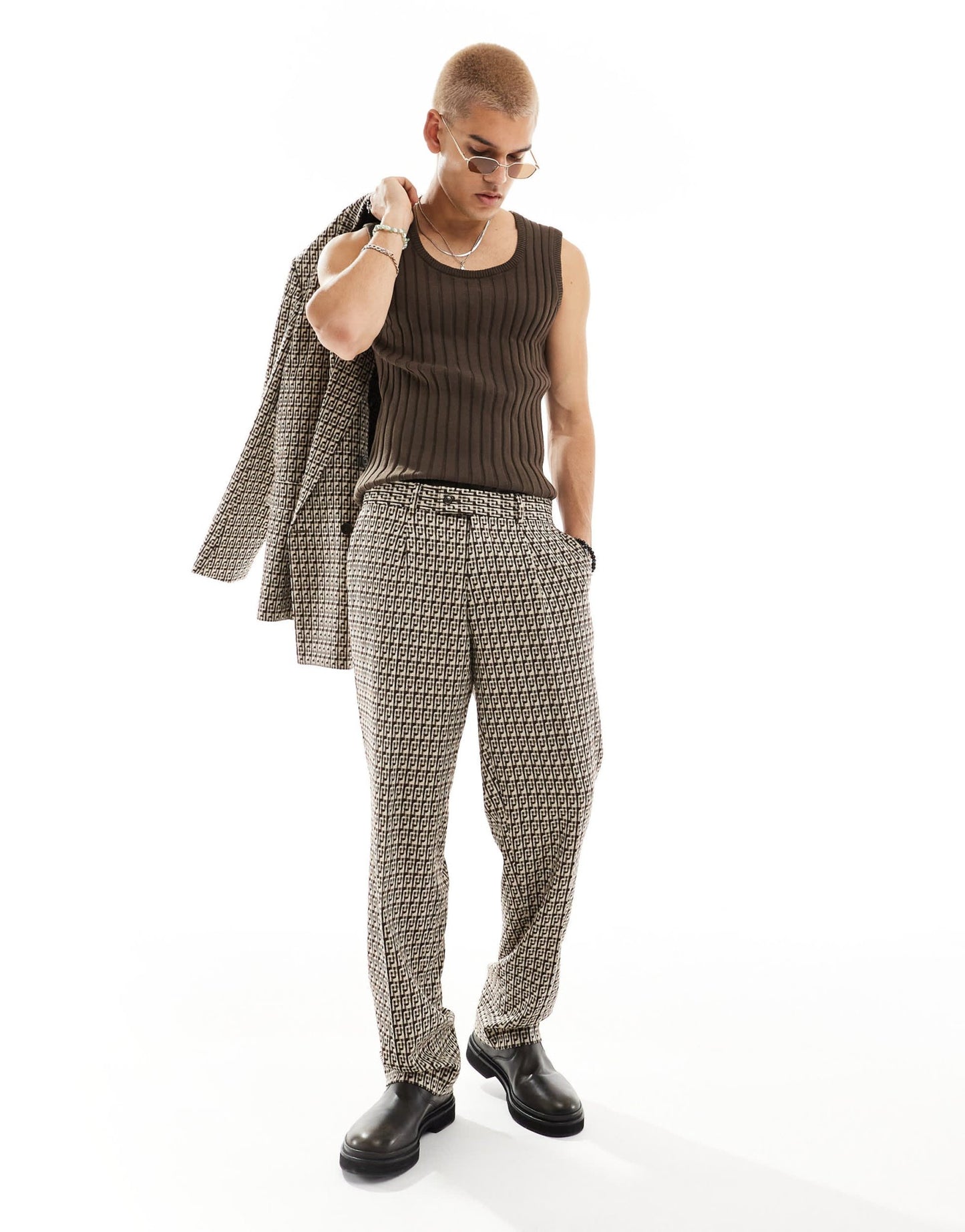 Viggo fernandes oversized checked suit trousers in tan - ASOS Sample Sale EU Store