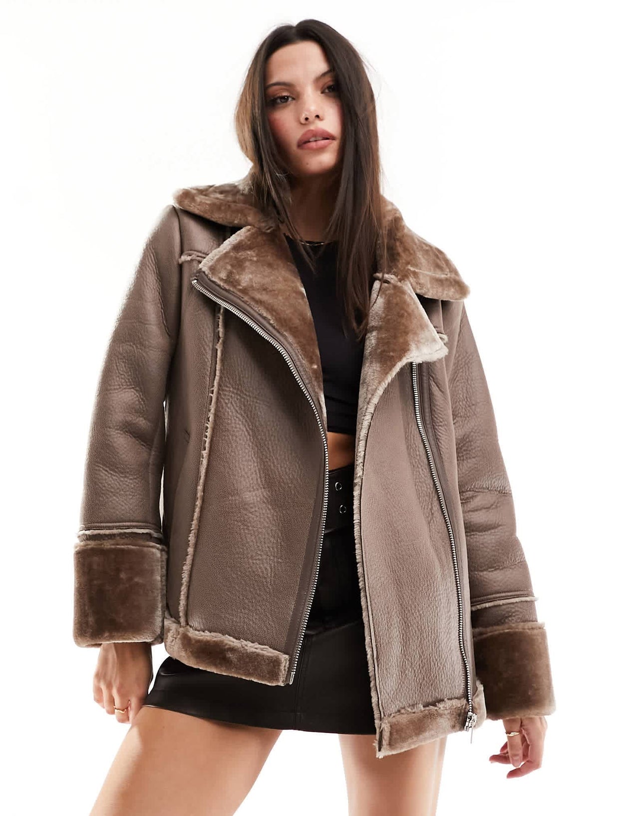 Vila faux fur aviator jacket in brown - ASOS Sample Sale EU Store