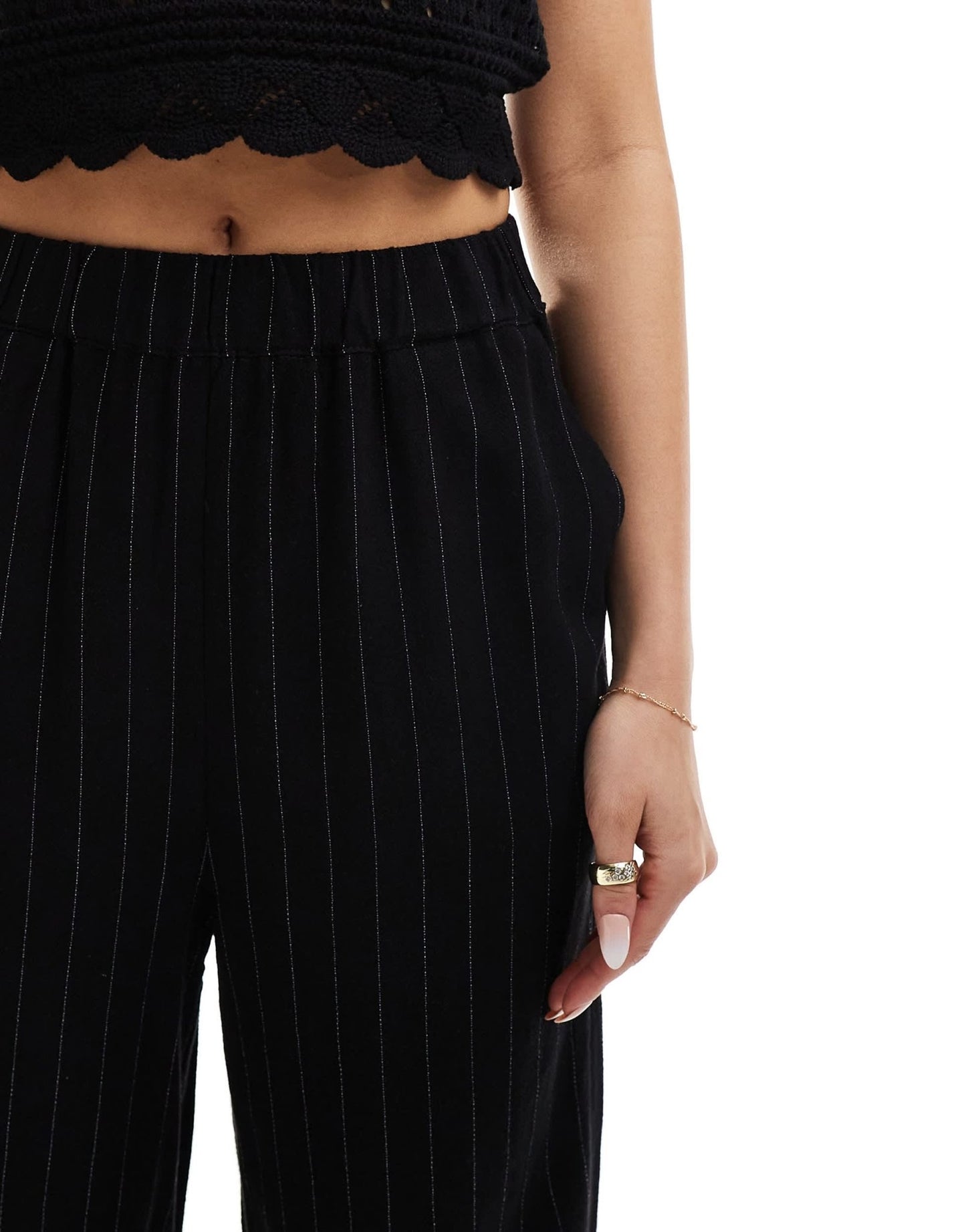 Vila linen touch wide leg trousers with stretch waist in black pinstripe - ASOS Sample Sale EU Store
