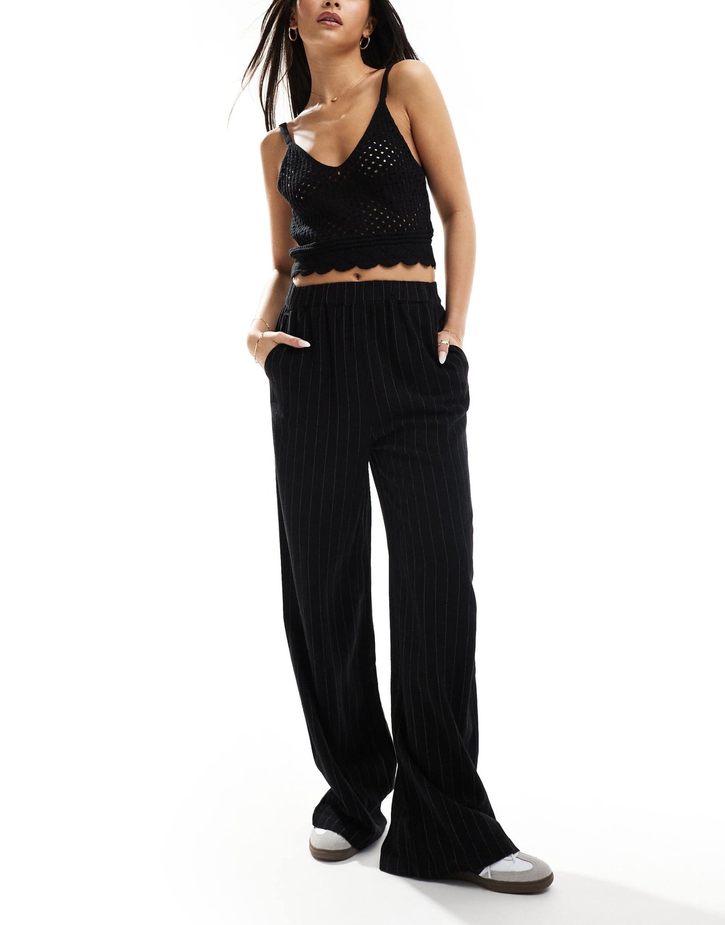 Vila linen touch wide leg trousers with stretch waist in black pinstripe - ASOS Sample Sale EU Store