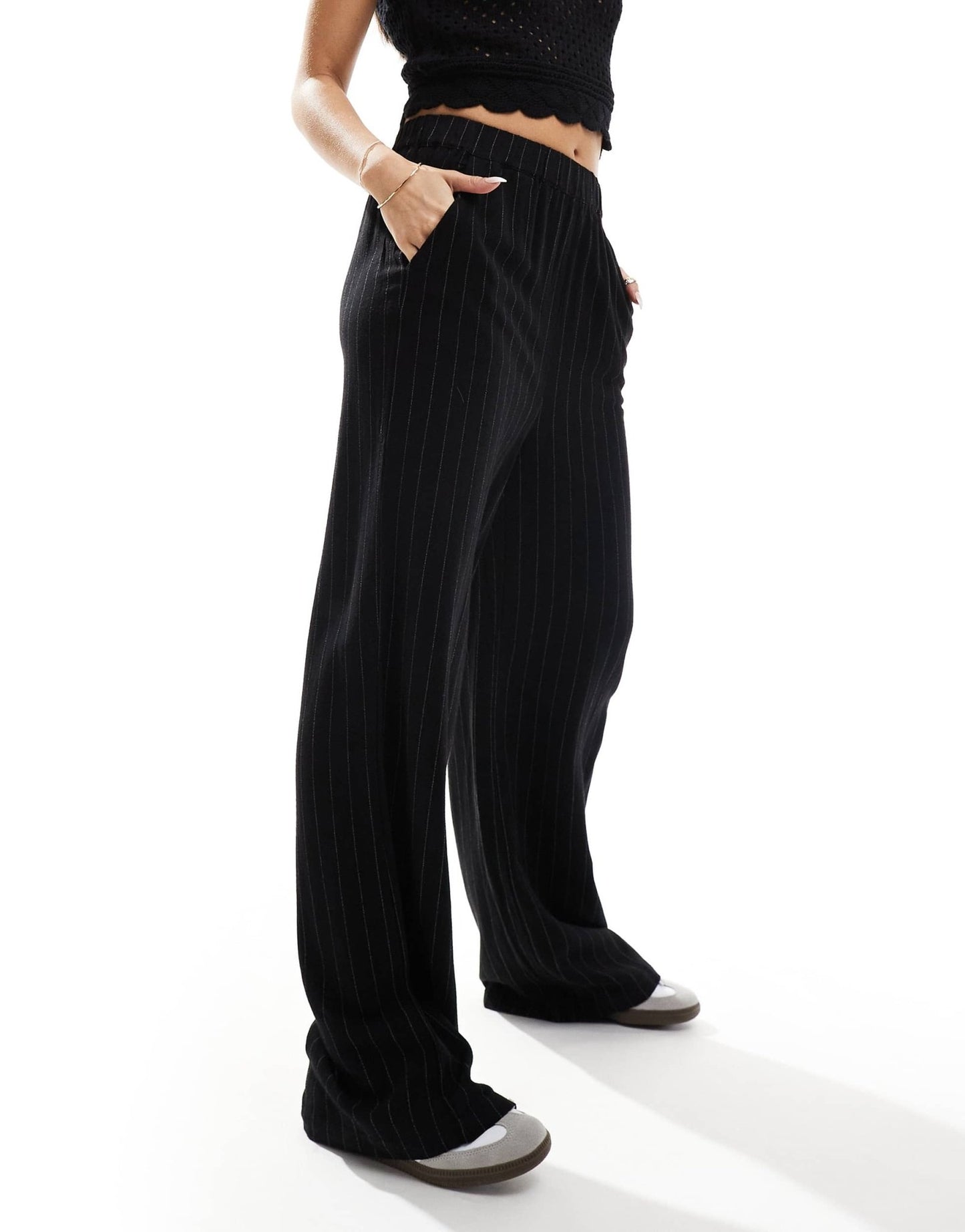 Vila linen touch wide leg trousers with stretch waist in black pinstripe - ASOS Sample Sale EU Store