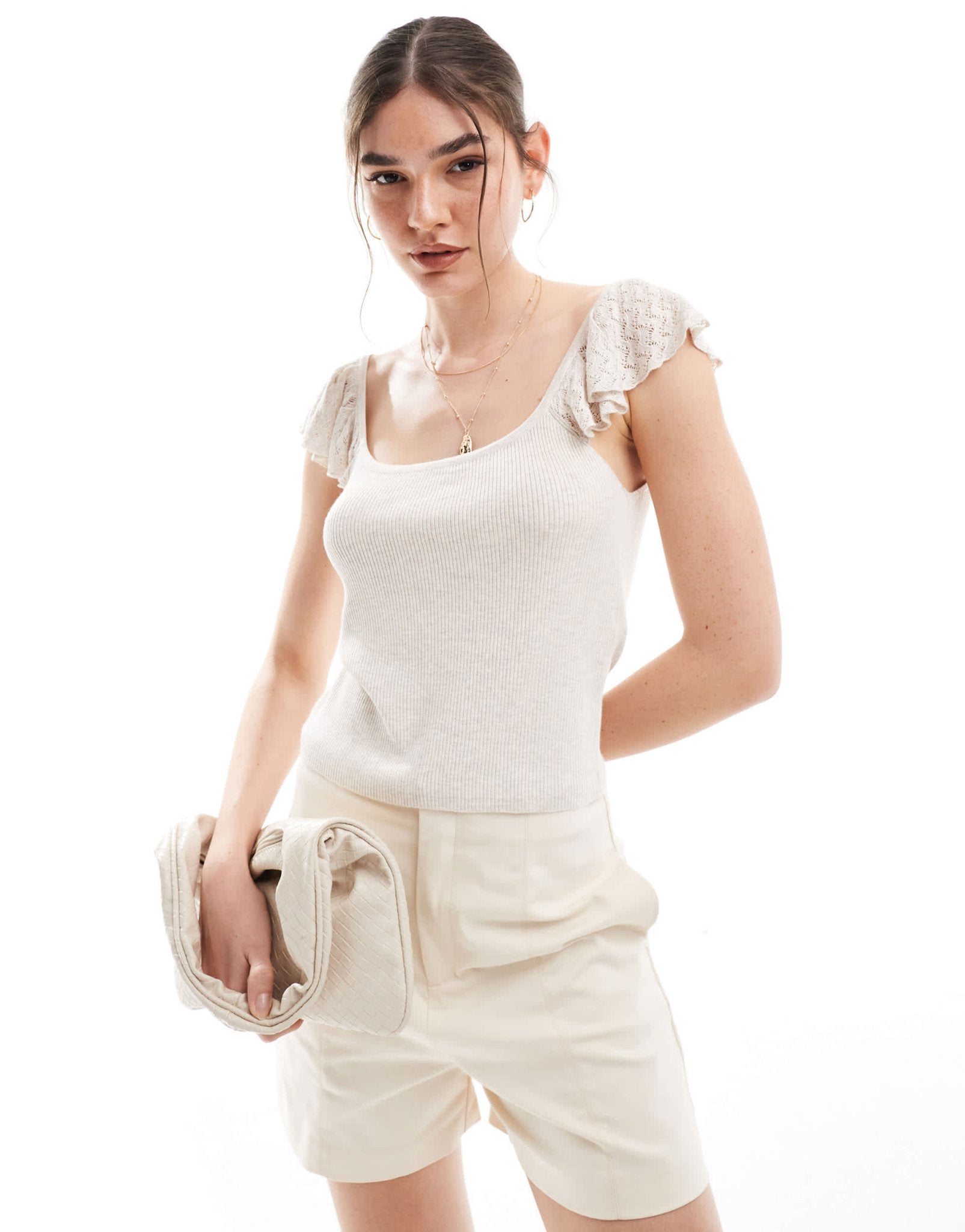 Vila super soft ribbed square neck top with fine crochet sleeve detail in beige - ASOS Sample Sale EU Store