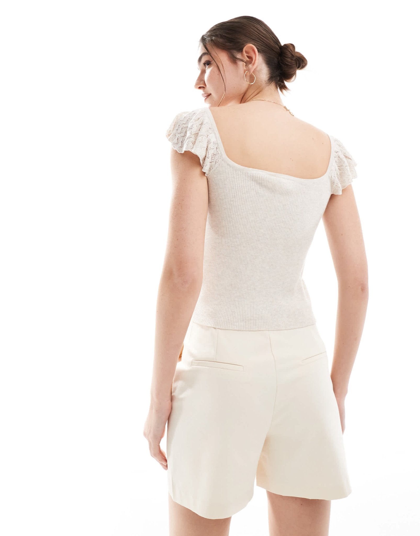 Vila super soft ribbed square neck top with fine crochet sleeve detail in beige - ASOS Sample Sale EU Store
