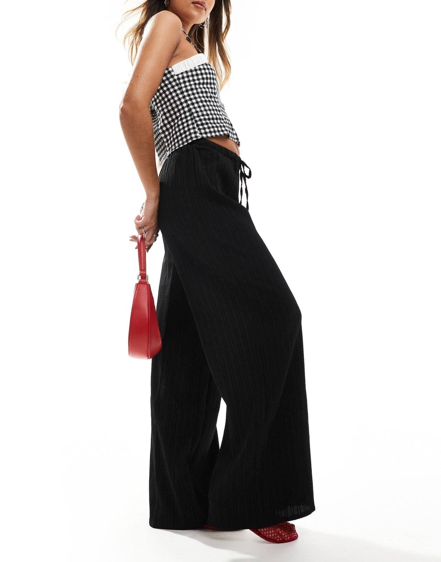 Vila textured wide leg tie waist trousers in black - ASOS Sample Sale EU Store