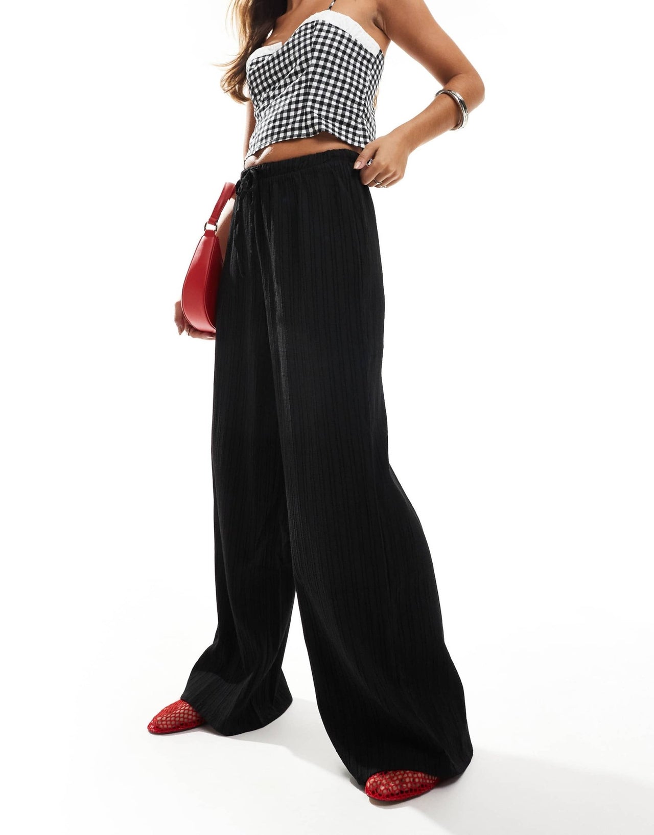 Vila textured wide leg tie waist trousers in black - ASOS Sample Sale EU Store