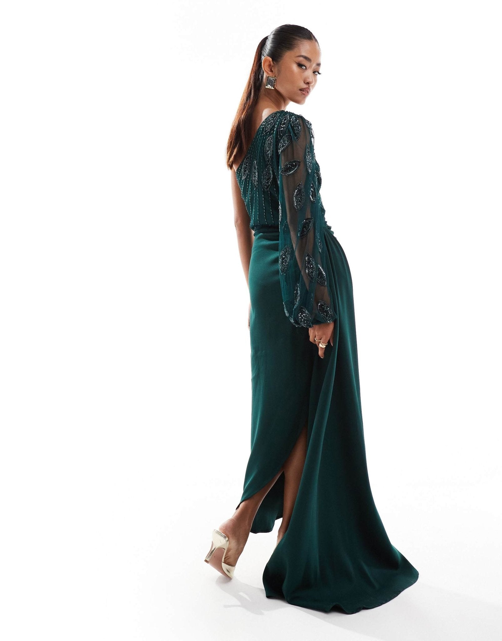 Virgos Lounge one shoulder maxi in green embellishment - ASOS Sample Sale EU Store