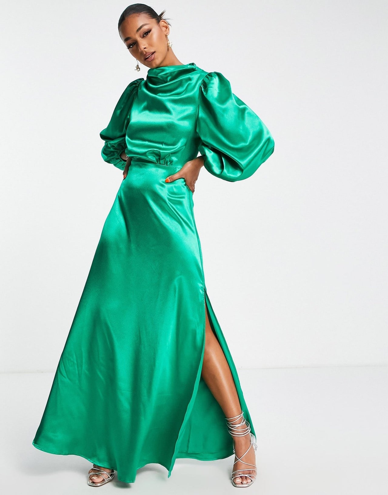 VL The Label longe sleeve satin maxi dress in bright green - ASOS Sample Sale EU Store