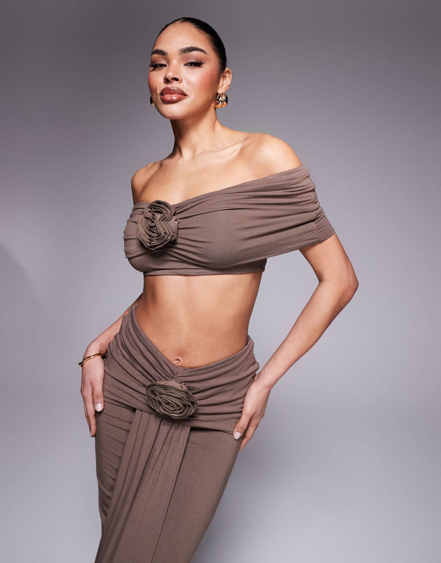 Wanderdoll Belle ruched bardot top and maxi skirt set with corsage drape detail in chocolate - ASOS Sample Sale EU Store