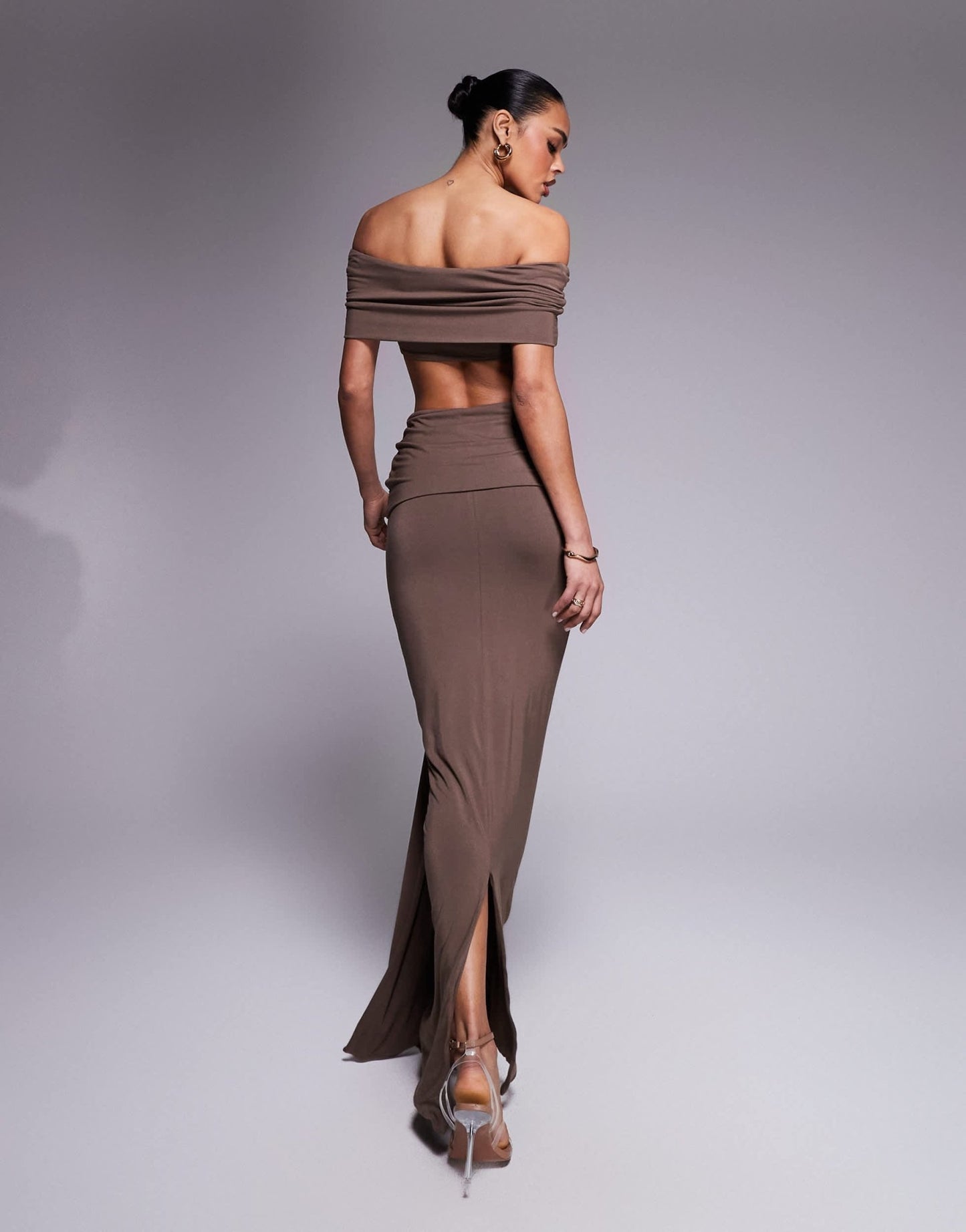 Wanderdoll Belle ruched bardot top and maxi skirt set with corsage drape detail in chocolate - ASOS Sample Sale EU Store