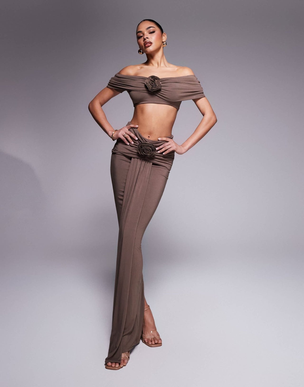 Wanderdoll Belle ruched bardot top and maxi skirt set with corsage drape detail in chocolate - ASOS Sample Sale EU Store