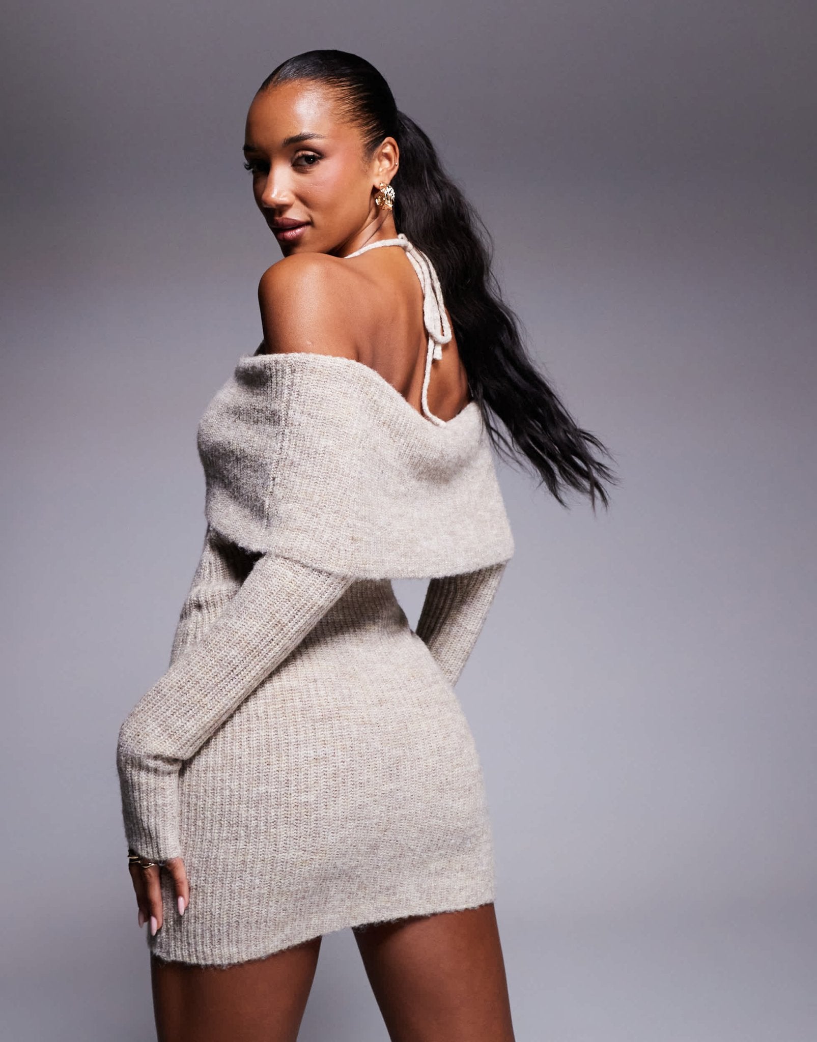 Wanderdoll Carrie knitted bardot halterneck bodycon mini dress in oatmeal - ASOS Sample Sale EU Store