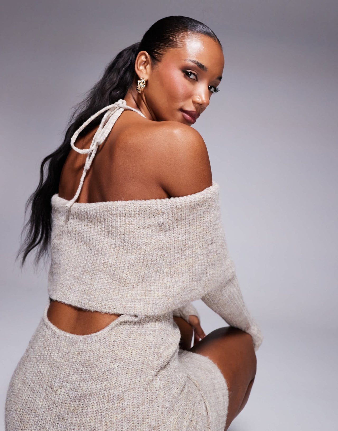 Wanderdoll Carrie knitted bardot halterneck bodycon mini dress in oatmeal - ASOS Sample Sale EU Store