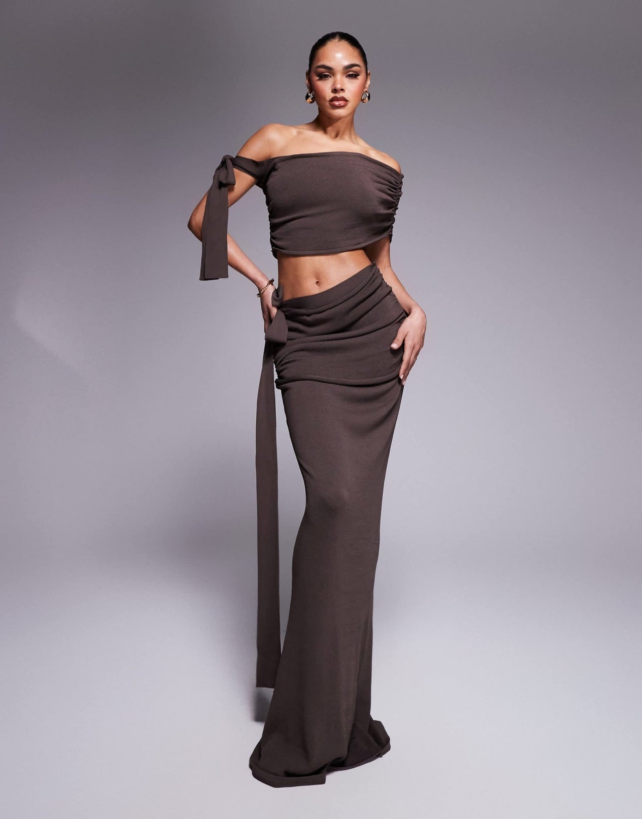 Wanderdoll Lois knitted off shoulder tie detail and v front maxi skirt set in chocolate - ASOS Sample Sale EU Store
