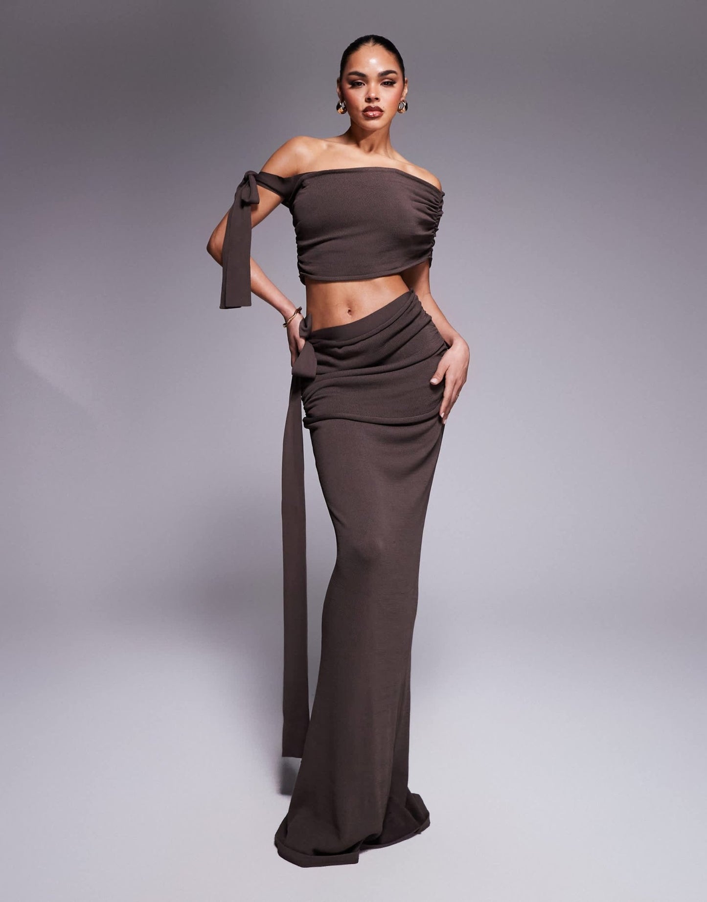 Wanderdoll Lois knitted off shoulder tie detail and v front maxi skirt set in chocolate - ASOS Sample Sale EU Store