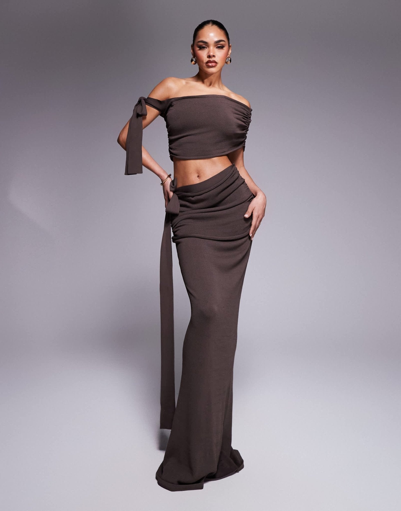 Wanderdoll Lois knitted off shoulder tie detail and v front maxi skirt set in chocolate - ASOS Sample Sale EU Store