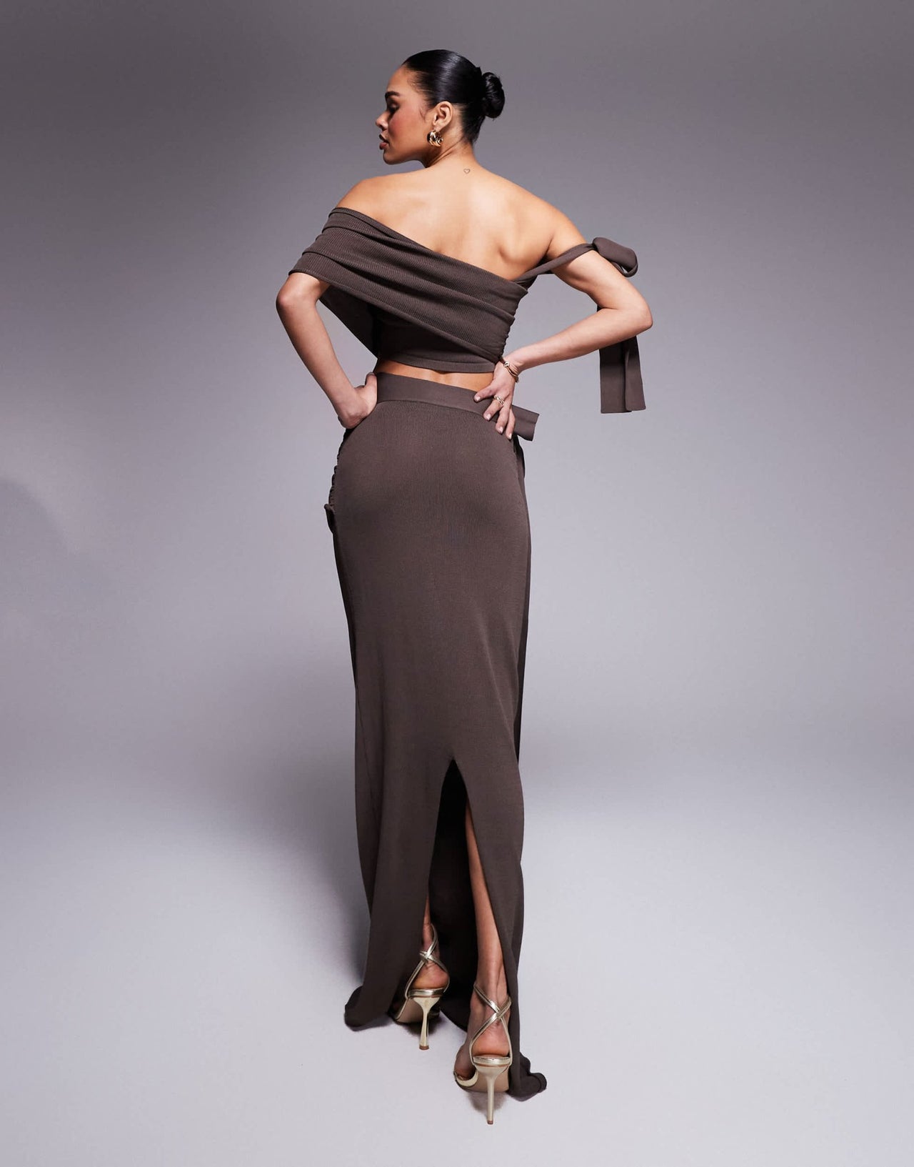 Wanderdoll Lois knitted off shoulder tie detail and v front maxi skirt set in chocolate - ASOS Sample Sale EU Store