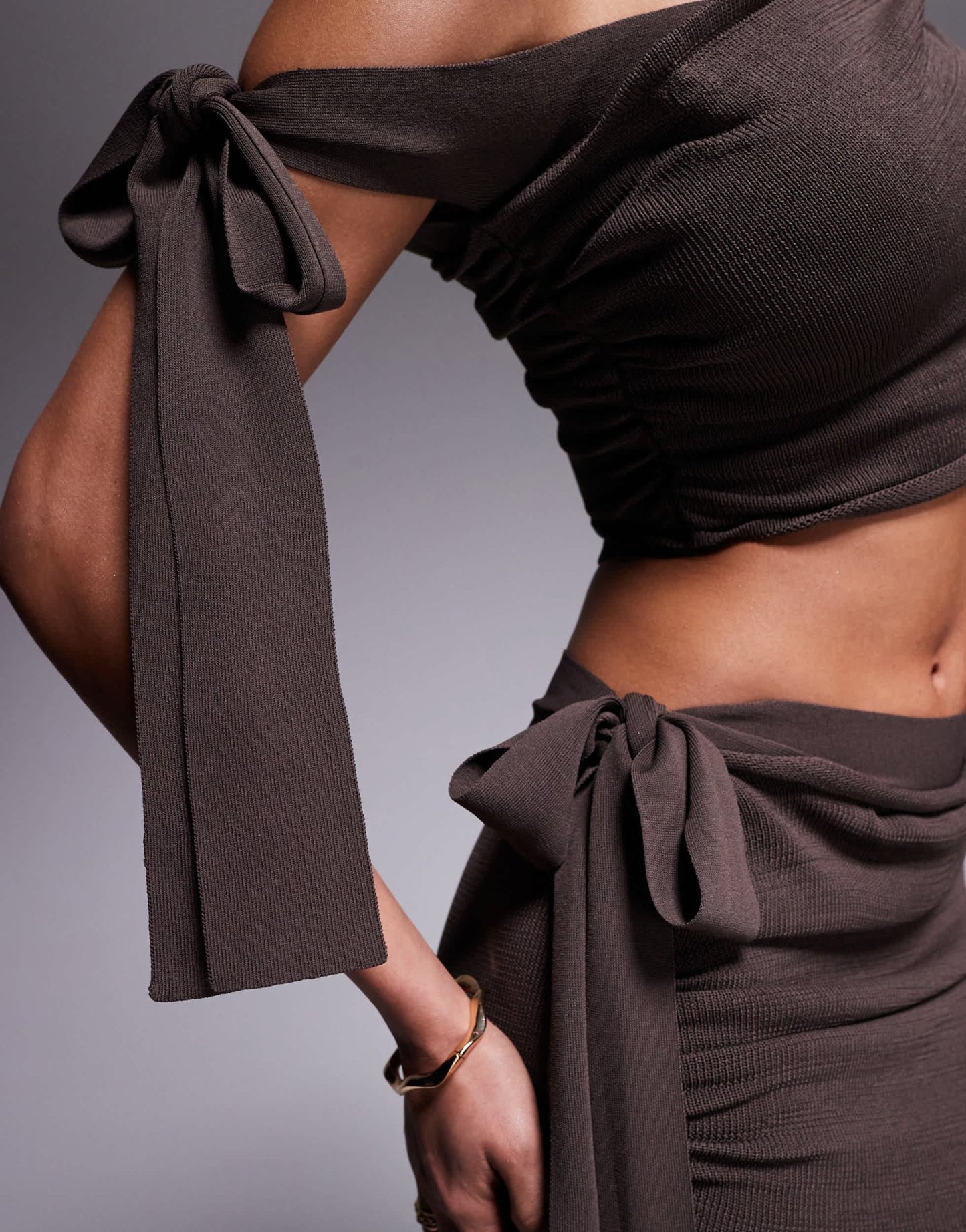 Wanderdoll Lois knitted off shoulder tie detail and v front maxi skirt set in chocolate - ASOS Sample Sale EU Store