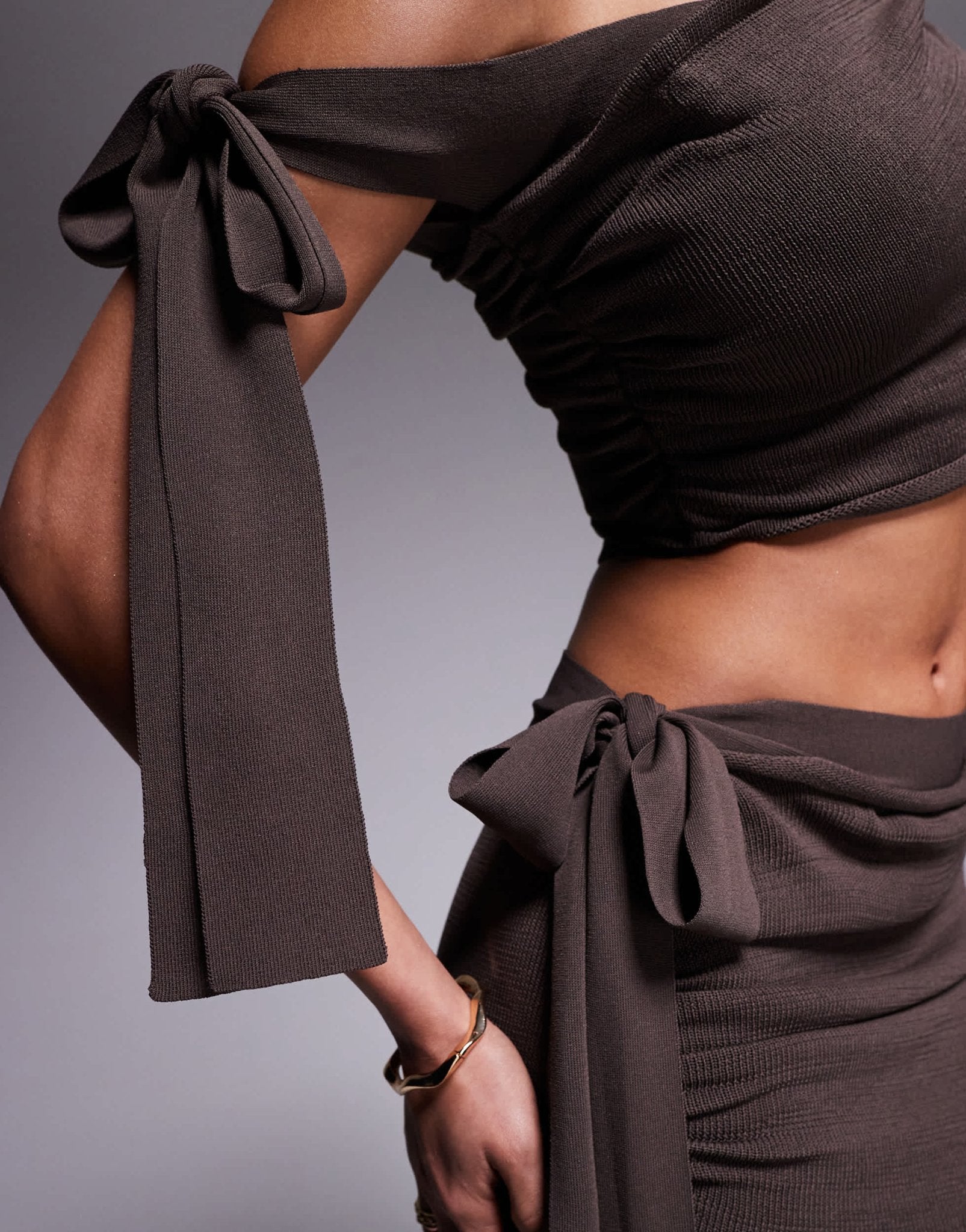 Wanderdoll Lois knitted off shoulder tie detail and v front maxi skirt set in chocolate - ASOS Sample Sale EU Store