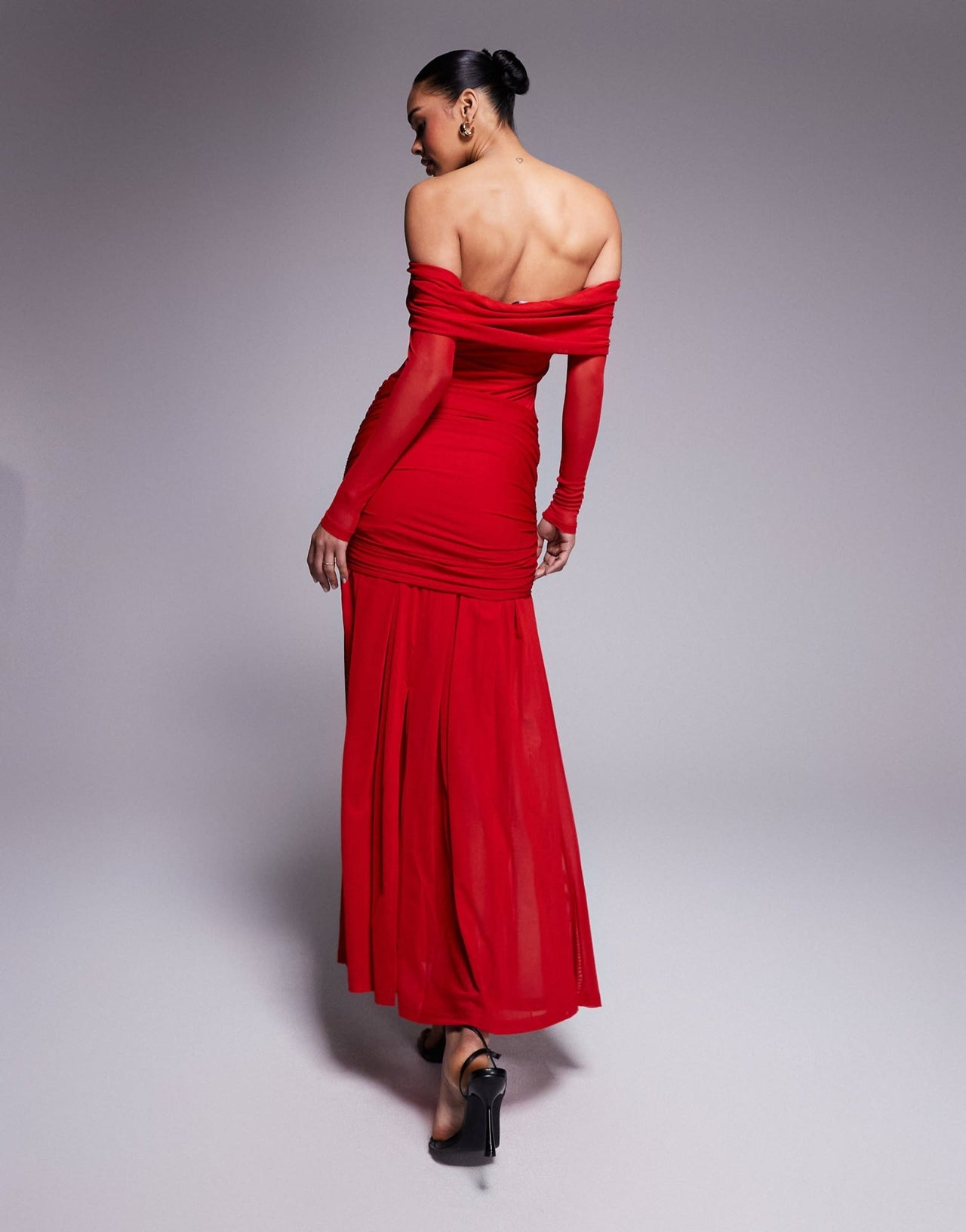 Wanderdoll Vivienne mesh bardot foldover long sleeve maxi dress in red - ASOS Sample Sale EU Store