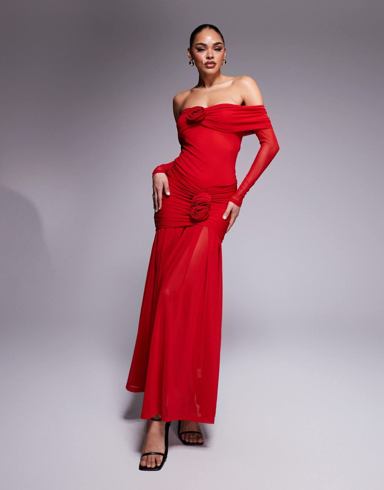 Wanderdoll Vivienne mesh bardot foldover long sleeve maxi dress in red - ASOS Sample Sale EU Store