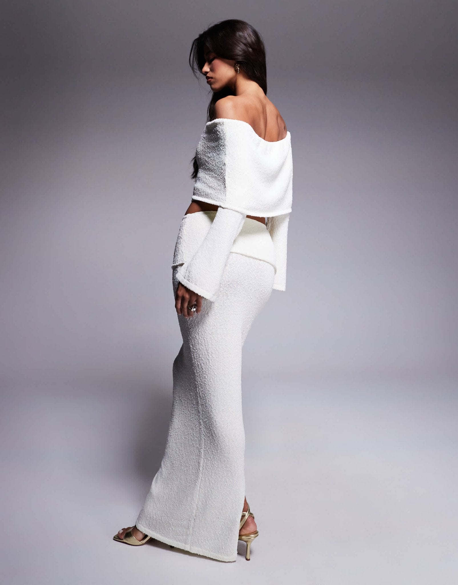 Wanderdoll Yasmin boucle knit extreme foldover top and maxi skirt set in cream - ASOS Sample Sale EU Store