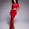 Wanderdoll Yris knitted off shoulder ruched detail top and maxi skirt set in red