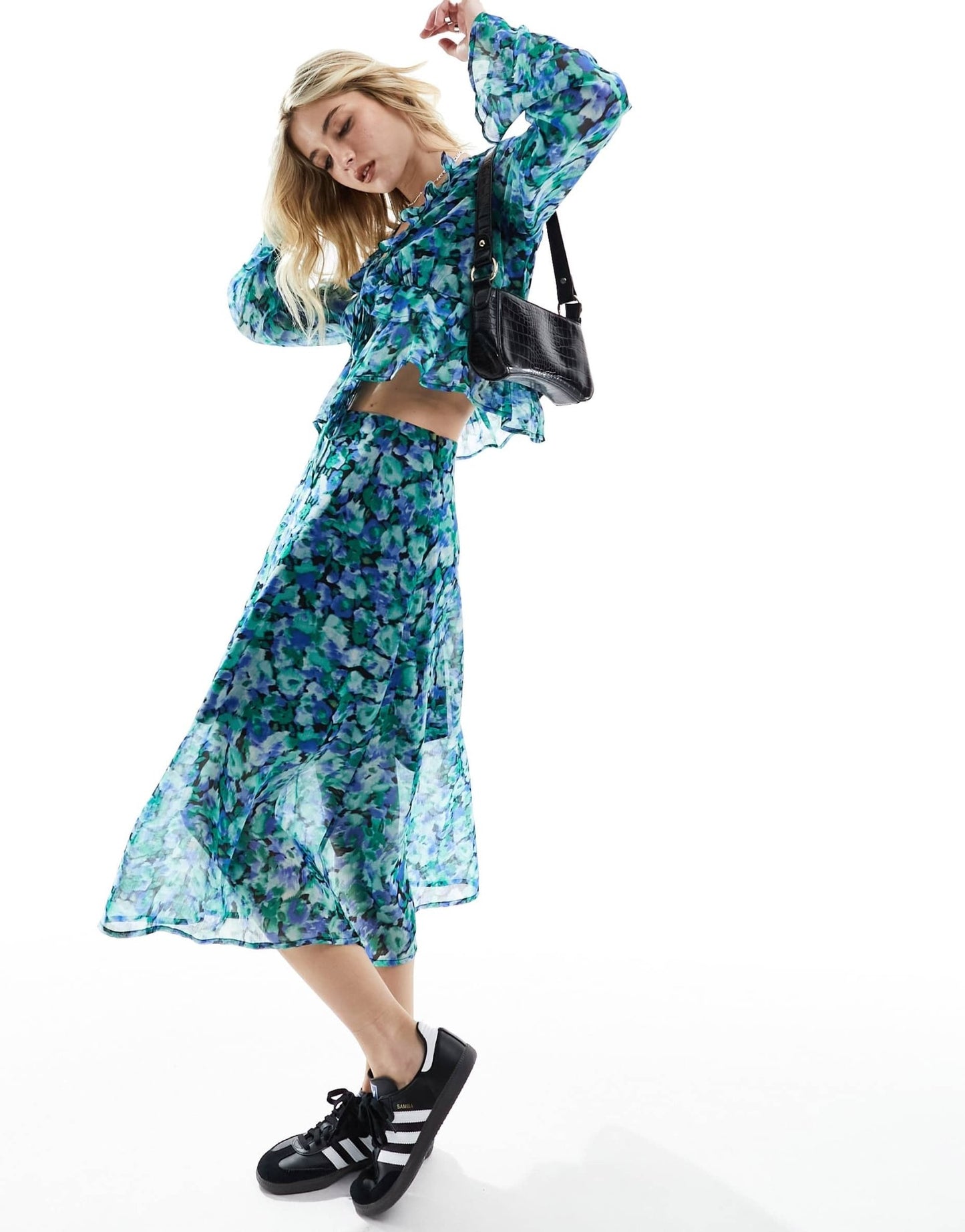 Wednesday's Girl blurred floral print floaty mesh midi skirt co - ord in blue green - ASOS Sample Sale EU Store