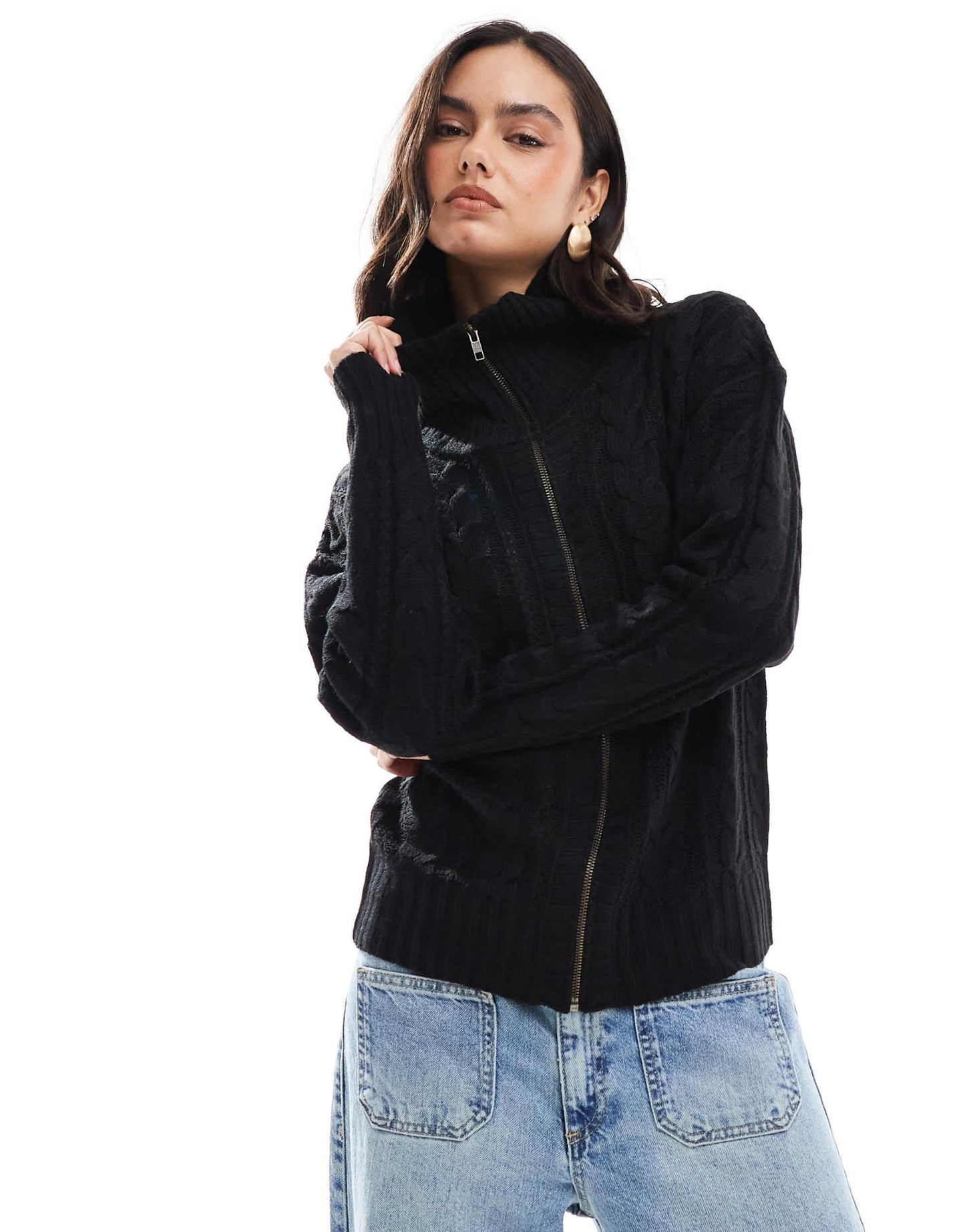 Wednesday's Girl cable knit zip through cardigan in black - ASOS Sample Sale EU Store