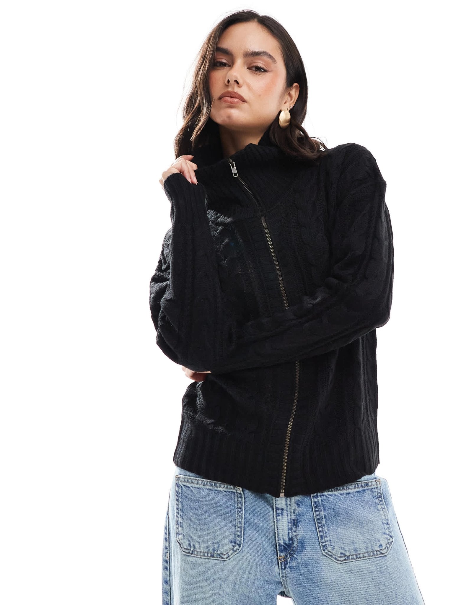 Wednesday's Girl cable knit zip through cardigan in black - ASOS Sample Sale EU Store