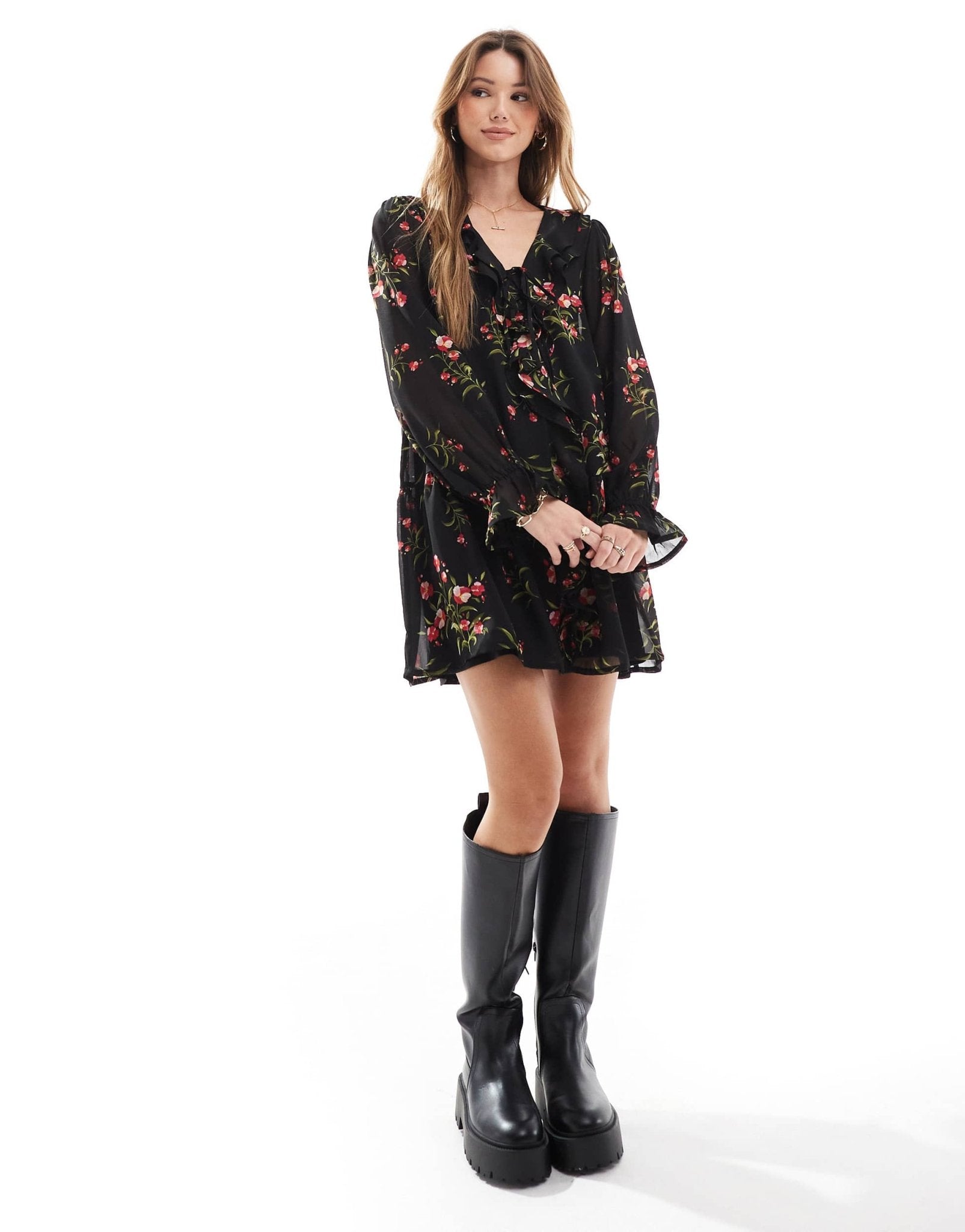Wednesday's Girl ditsy floral ruffle wrap dress in black - ASOS Sample Sale EU Store