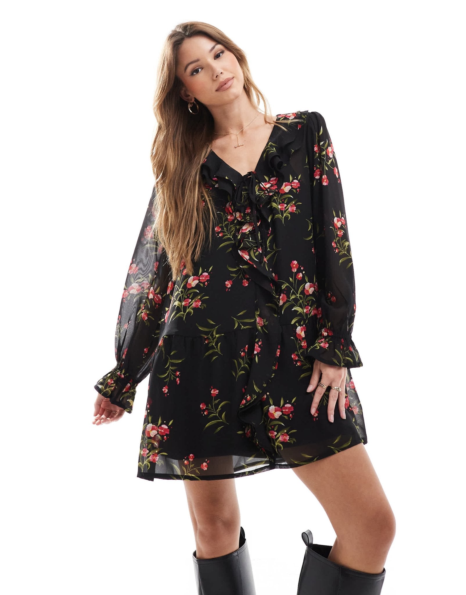 Wednesday's Girl ditsy floral ruffle wrap dress in black - ASOS Sample Sale EU Store