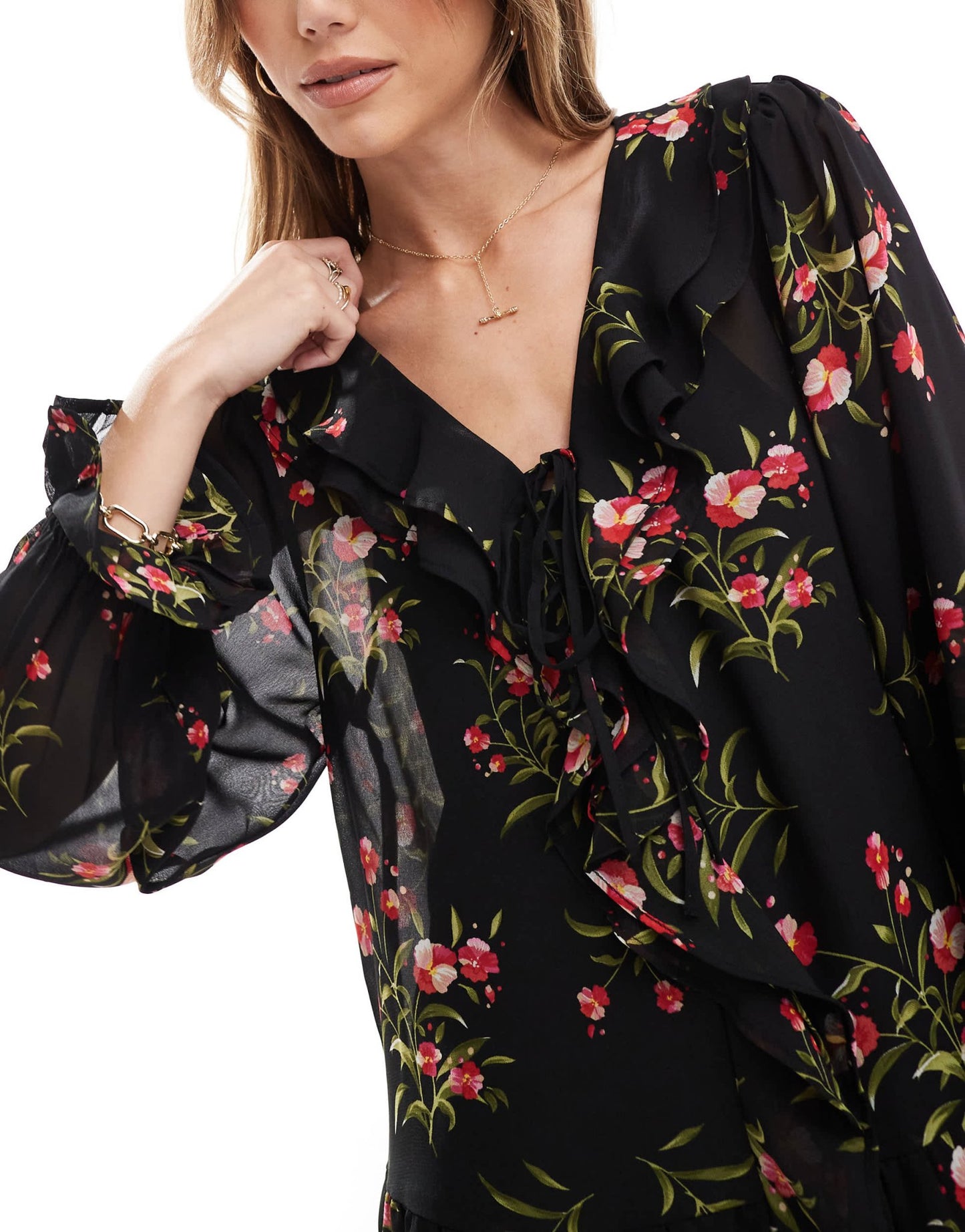 Wednesday's Girl ditsy floral ruffle wrap dress in black - ASOS Sample Sale EU Store