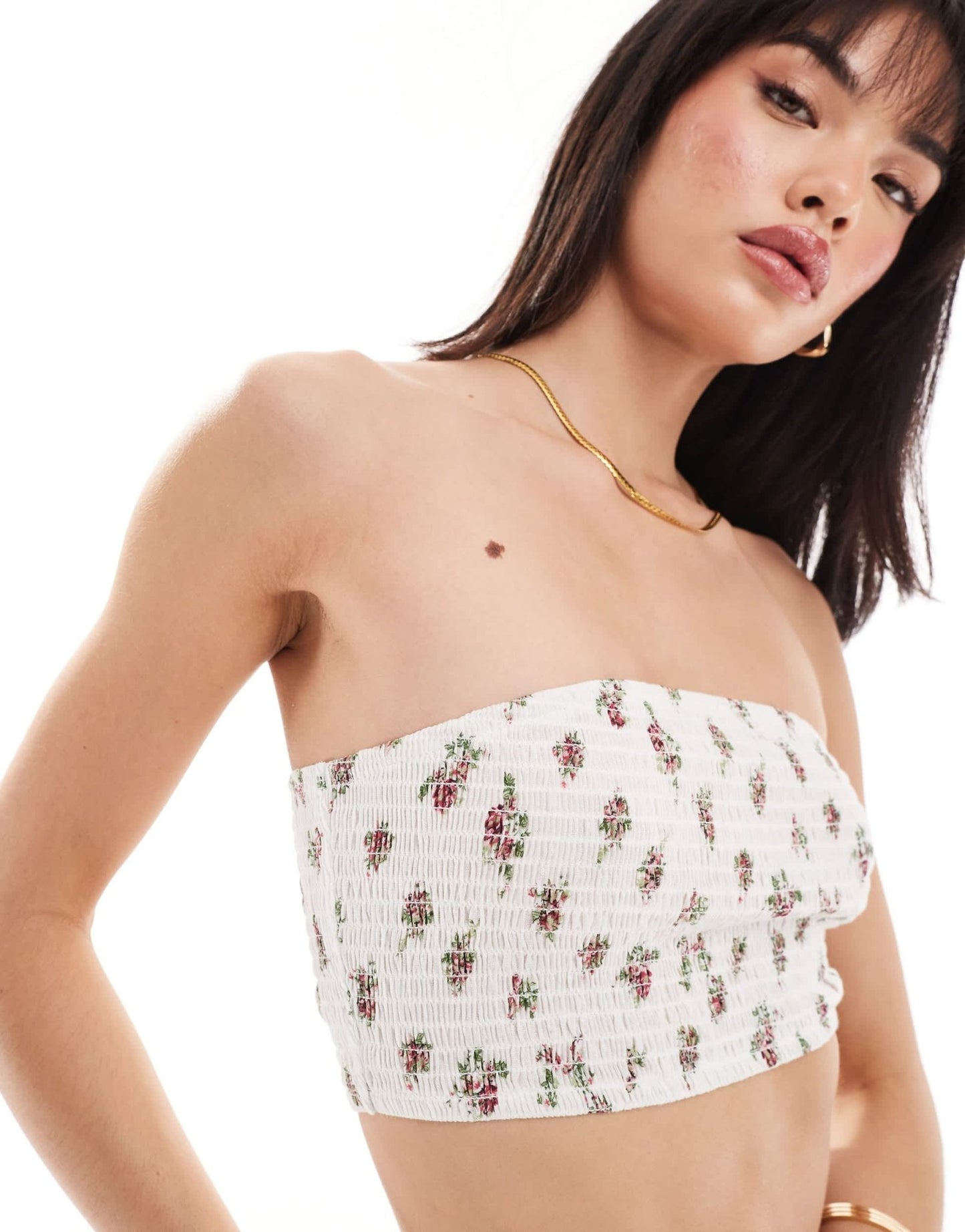 Wednesday's Girl ditsy floral smocked bandeau crop top in white floral - ASOS Sample Sale EU Store