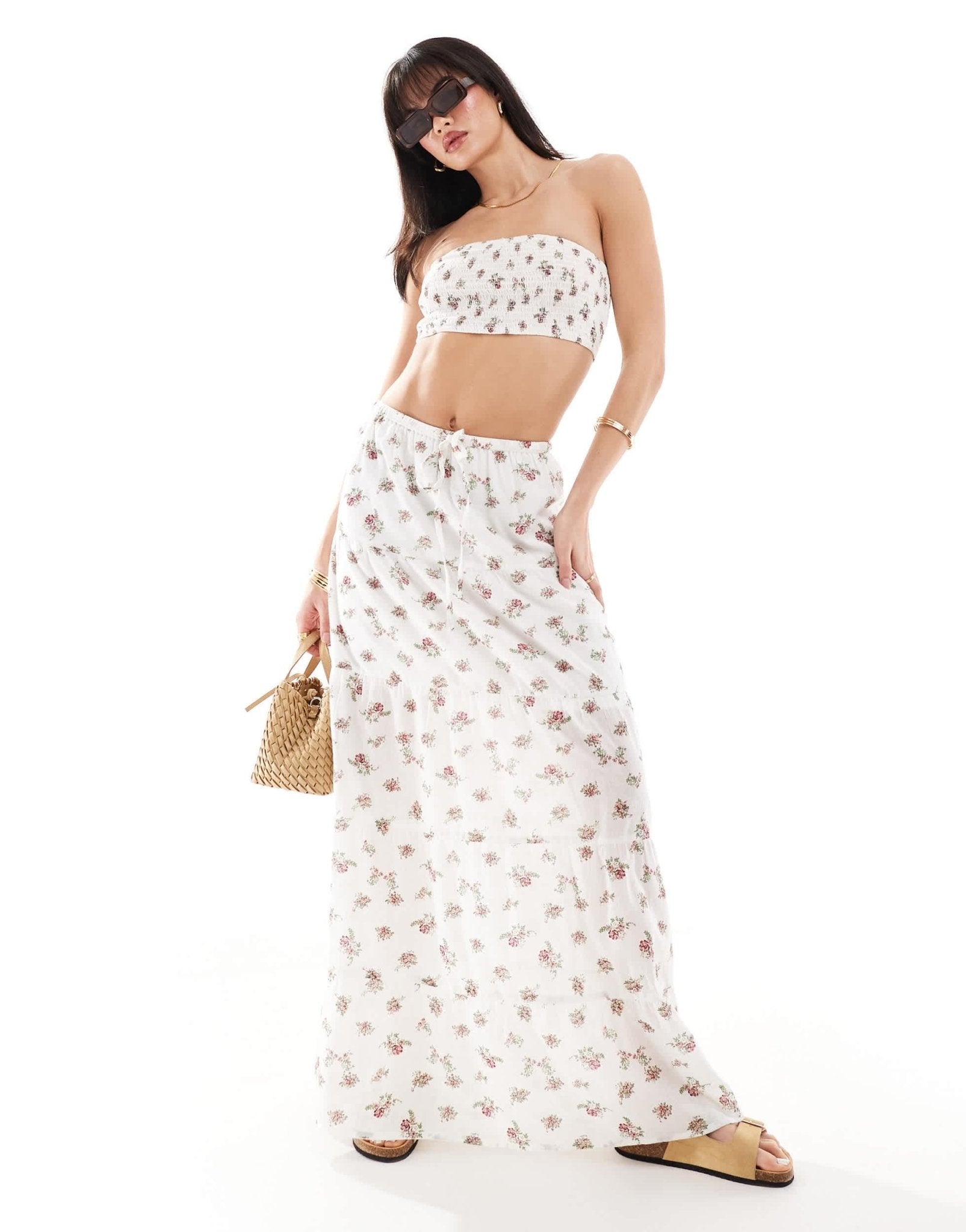 Wednesday's Girl ditsy floral smocked bandeau crop top in white floral - ASOS Sample Sale EU Store