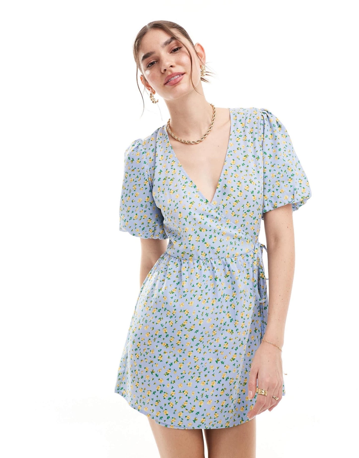 Wednesday's Girl ditsy puff sleeve wrap mini dress in blue - ASOS Sample Sale EU Store
