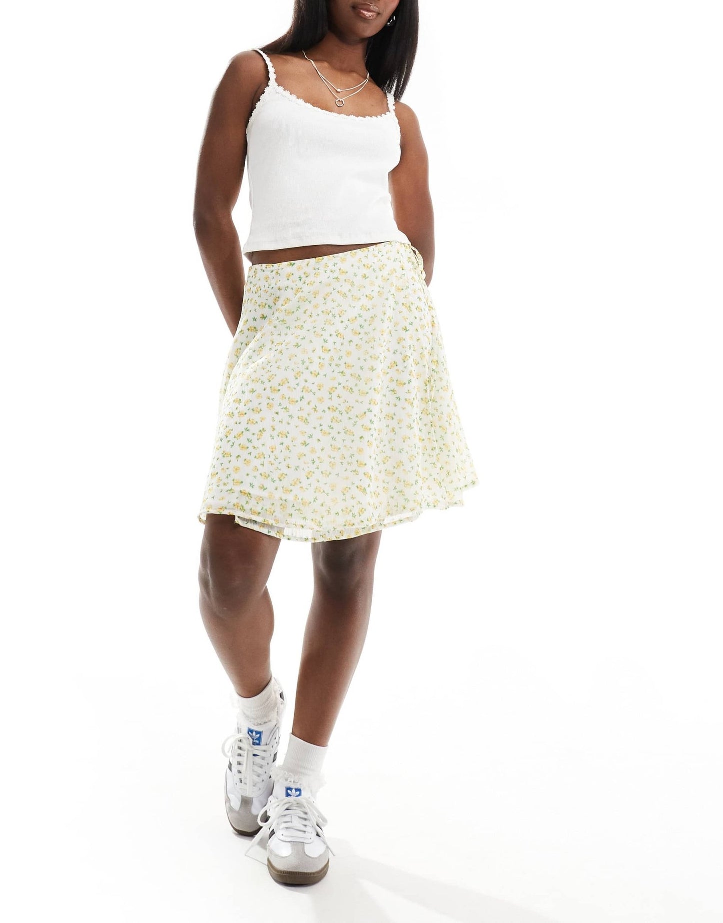 Wednesday's Girl floral print tie detail mini skirt in white and yellow - ASOS Sample Sale EU Store