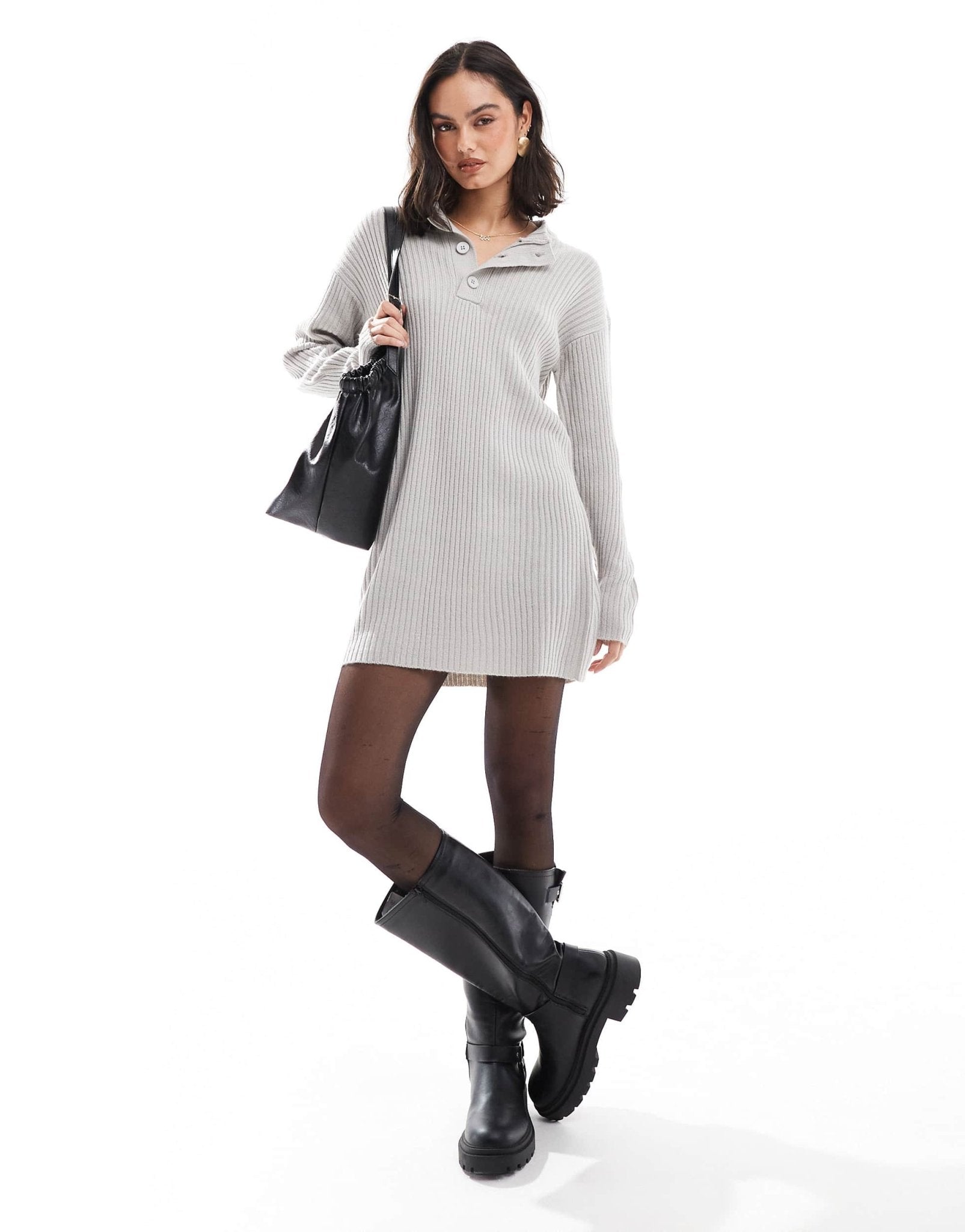 Wednesday's Girl funnel neck button detail chunky ribbed jumper dress in light grey - ASOS Sample Sale EU Store