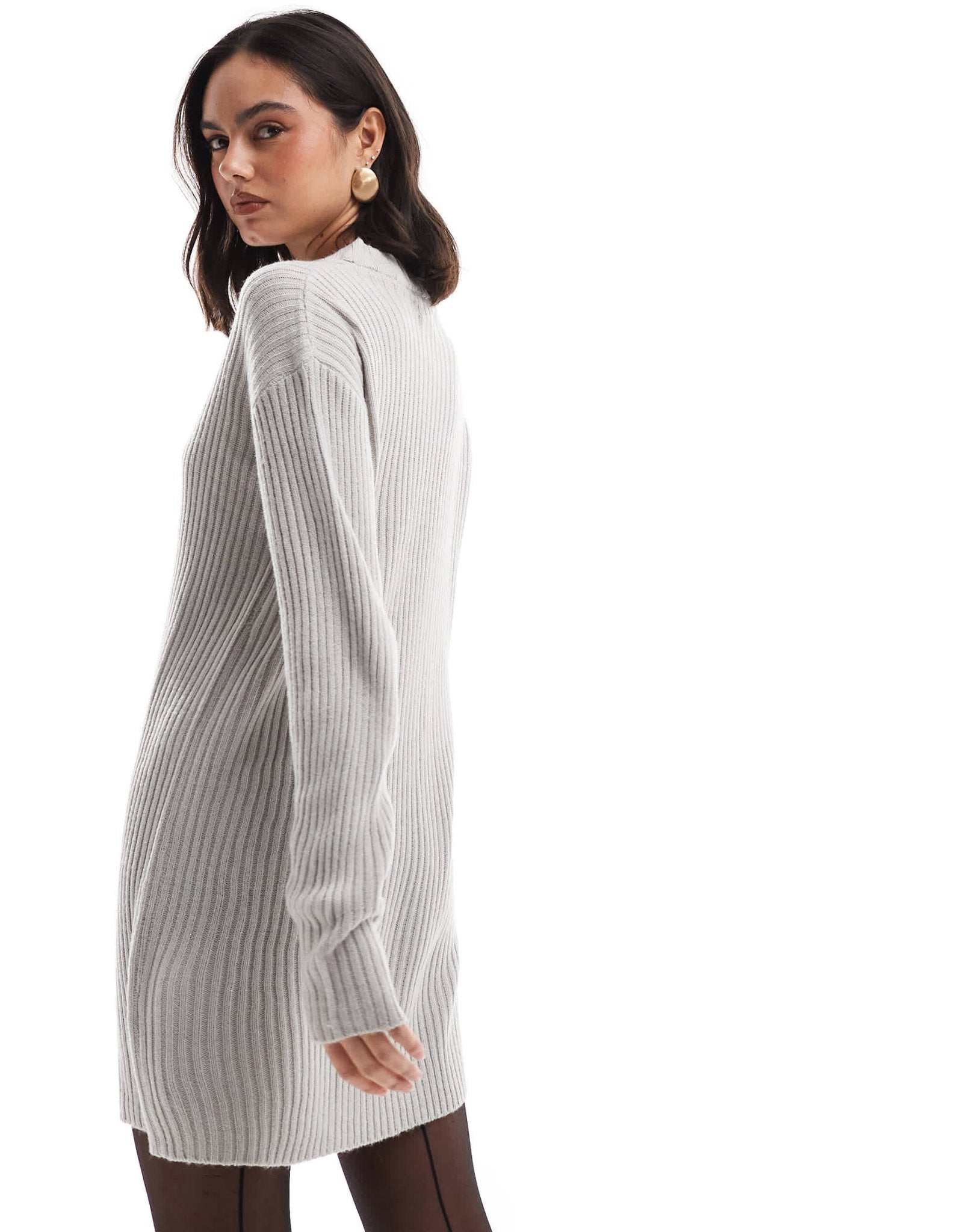 Wednesday's Girl funnel neck button detail chunky ribbed jumper dress in light grey - ASOS Sample Sale EU Store