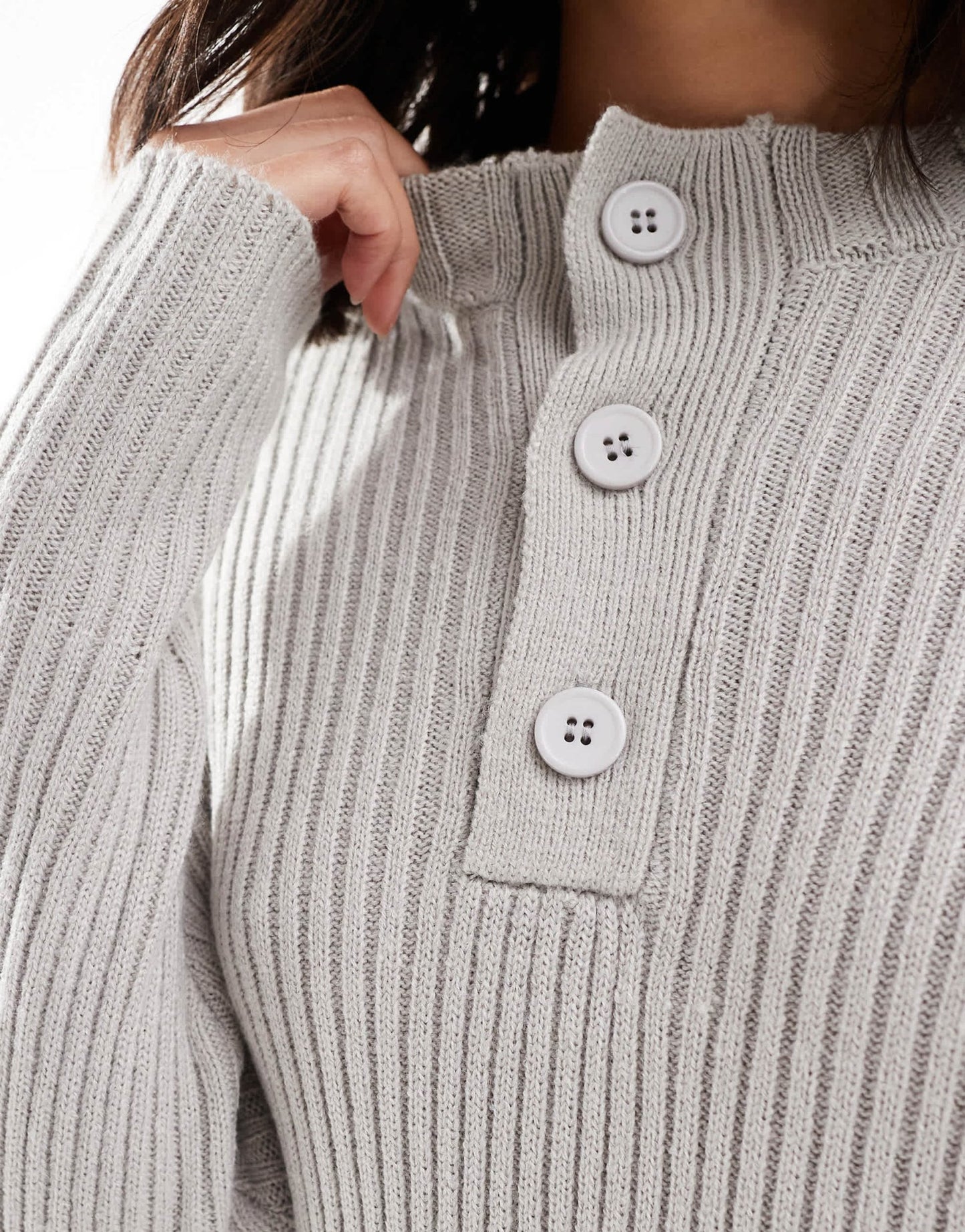 Wednesday's Girl funnel neck button detail chunky ribbed jumper dress in light grey - ASOS Sample Sale EU Store