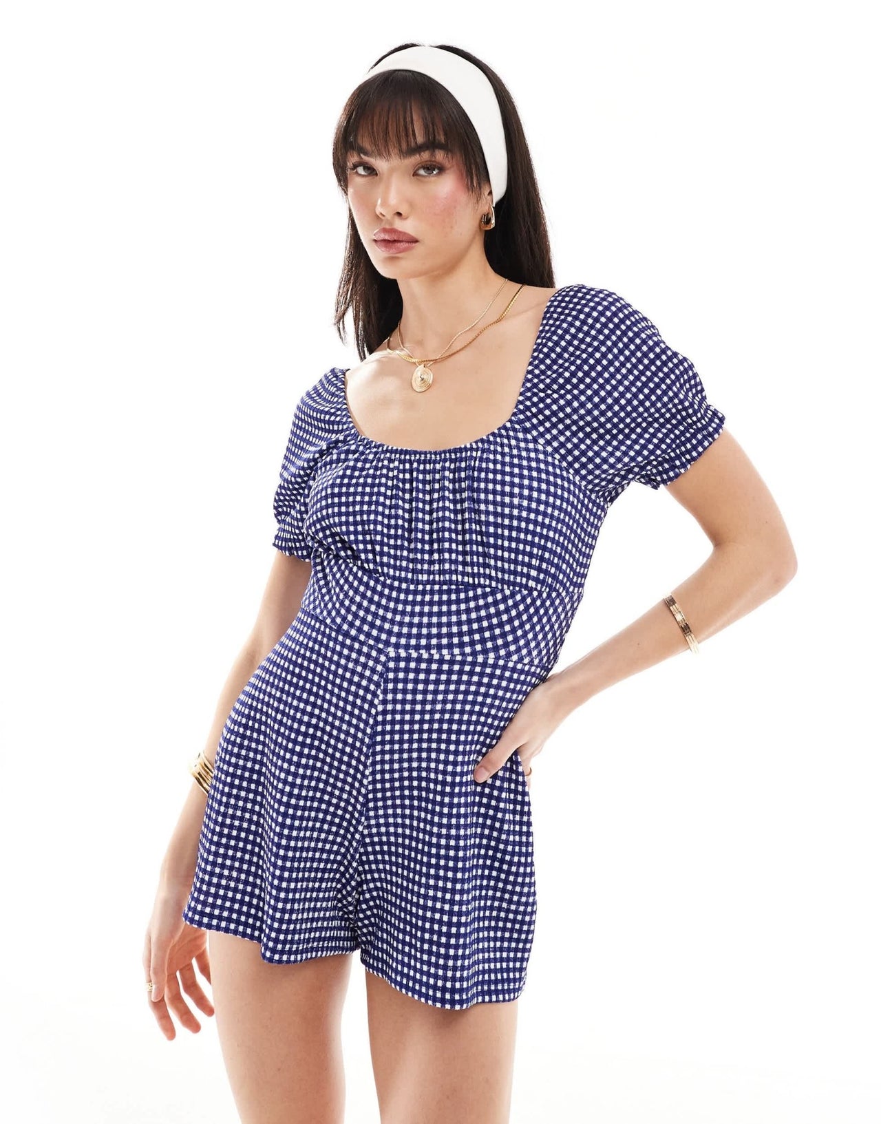 Wednesday's Girl gingham bardot detail playsuit in blue - ASOS Sample Sale EU Store