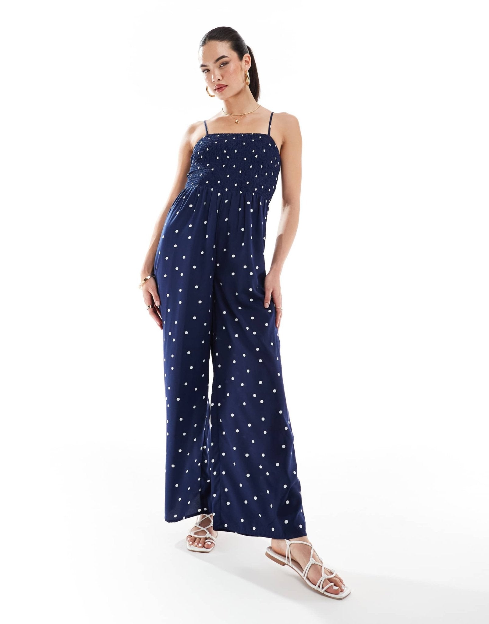 Wednesday's Girl polka dot smocked jumpsuit in navy and cream - ASOS Sample Sale EU Store