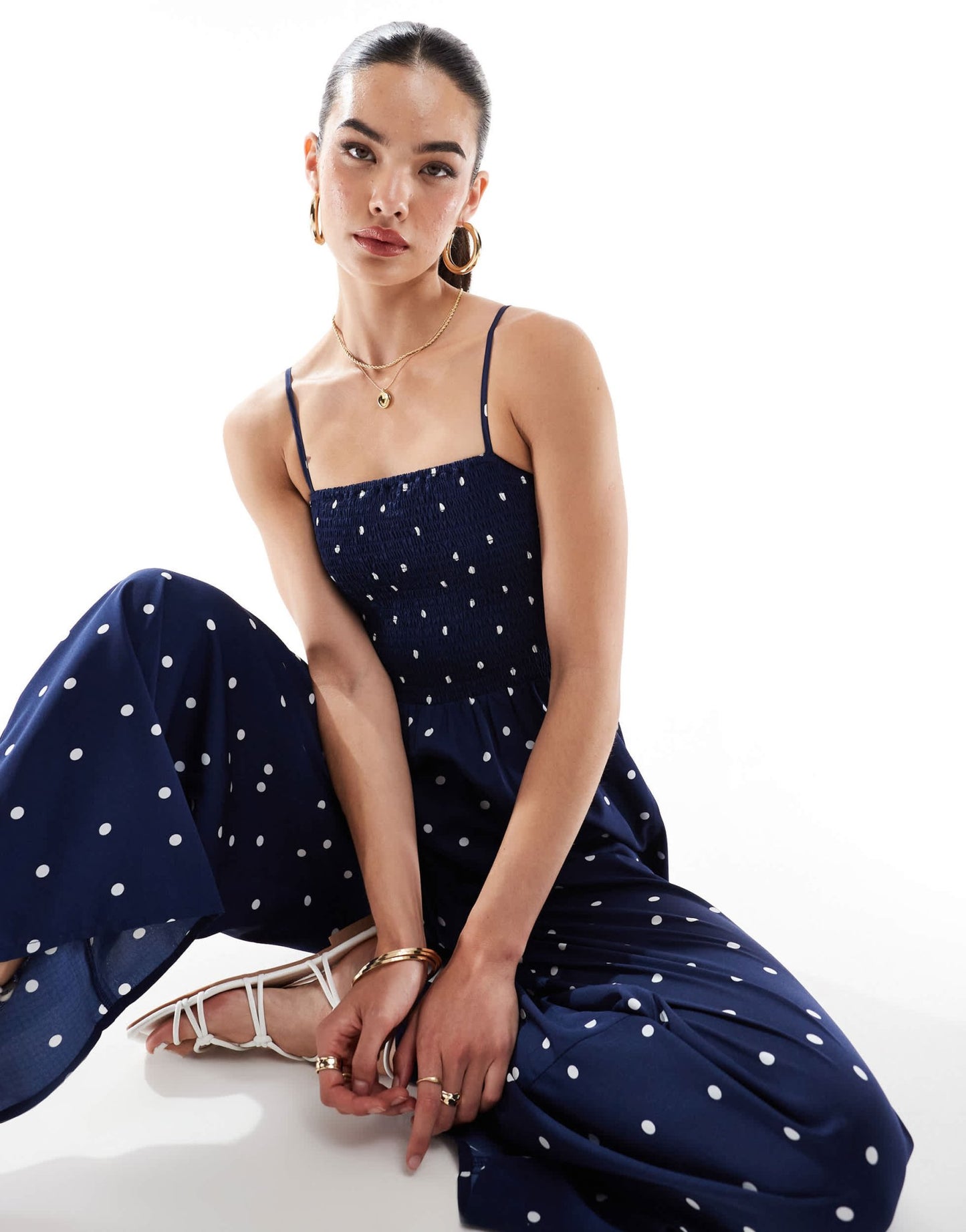 Wednesday's Girl polka dot smocked jumpsuit in navy and cream - ASOS Sample Sale EU Store