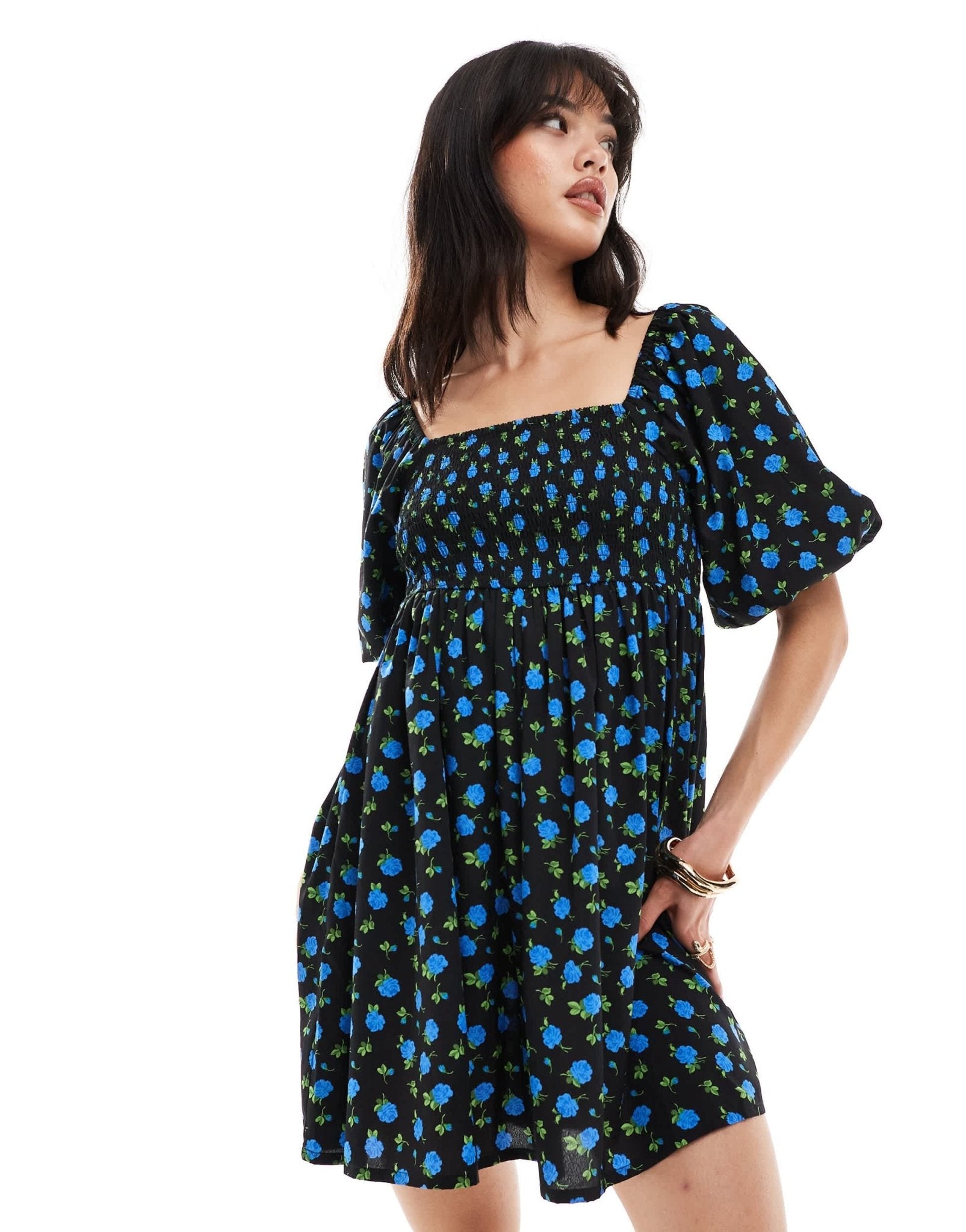 Wednesday's Girl shirred detail ditsy floral mini dress in black - ASOS Sample Sale EU Store