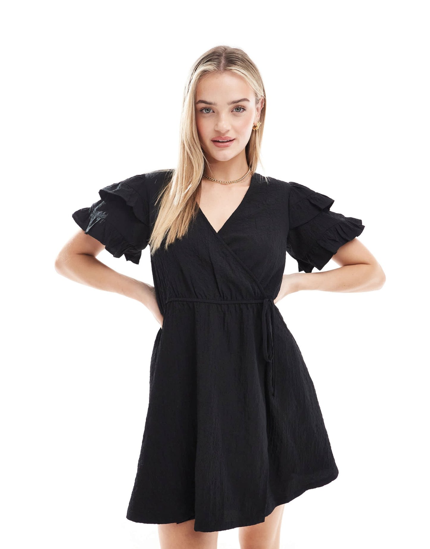 Wednesday's Girl short sleeve wrap detail mini dress in black - ASOS Sample Sale EU Store
