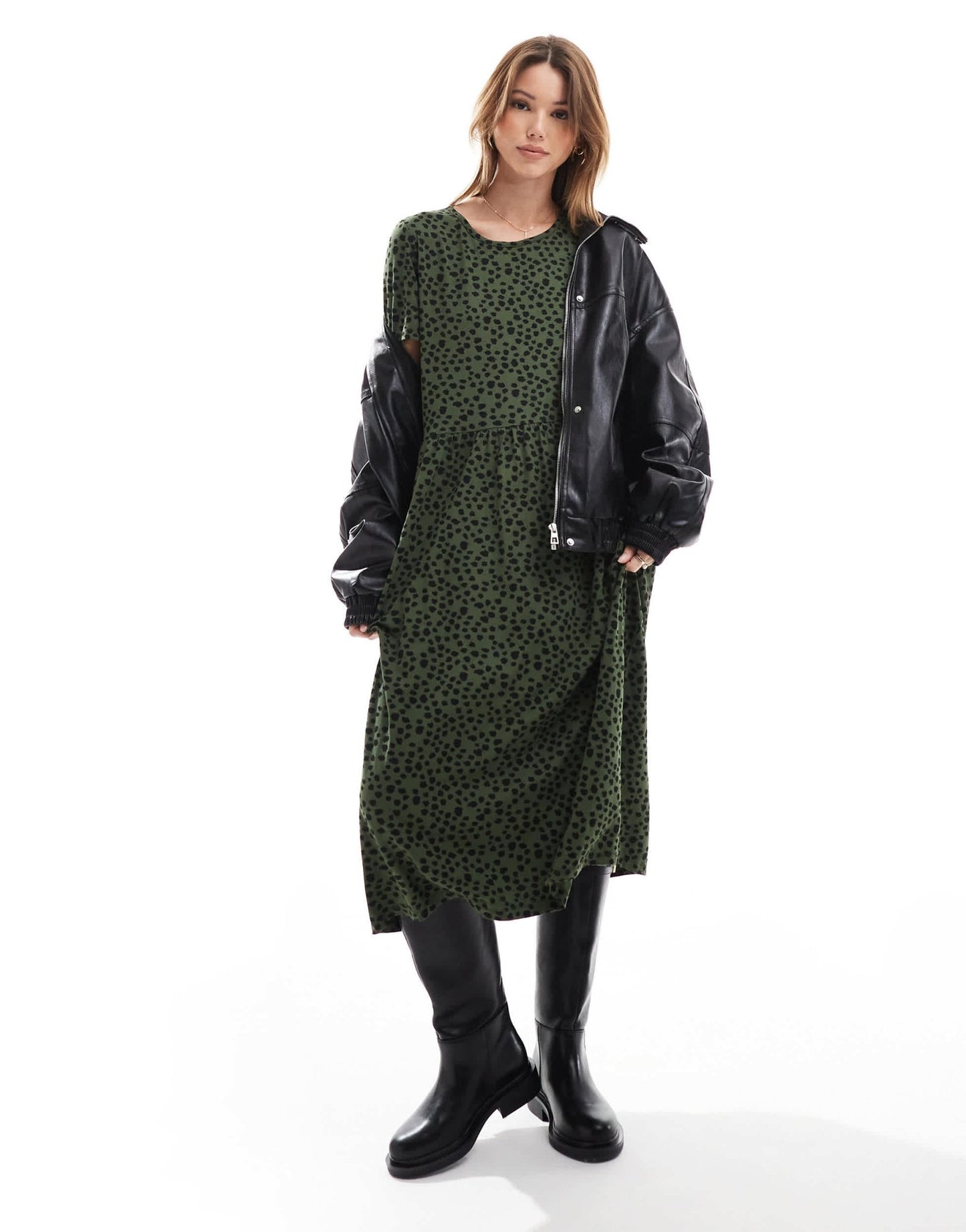 Wednesday's Girl smudge spot midi dress in khaki green - ASOS Sample Sale EU Store