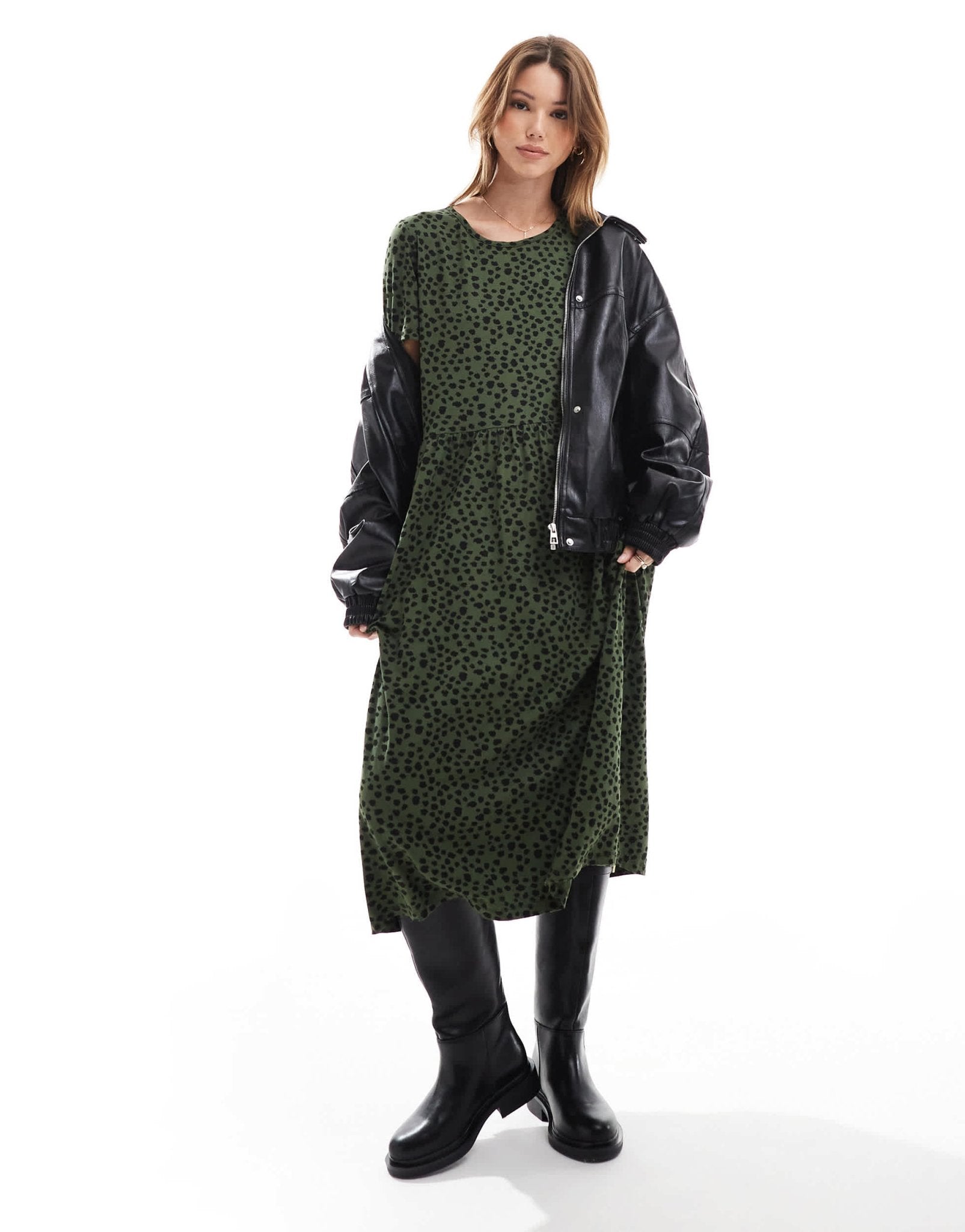 Wednesday's Girl smudge spot midi dress in khaki green - ASOS Sample Sale EU Store